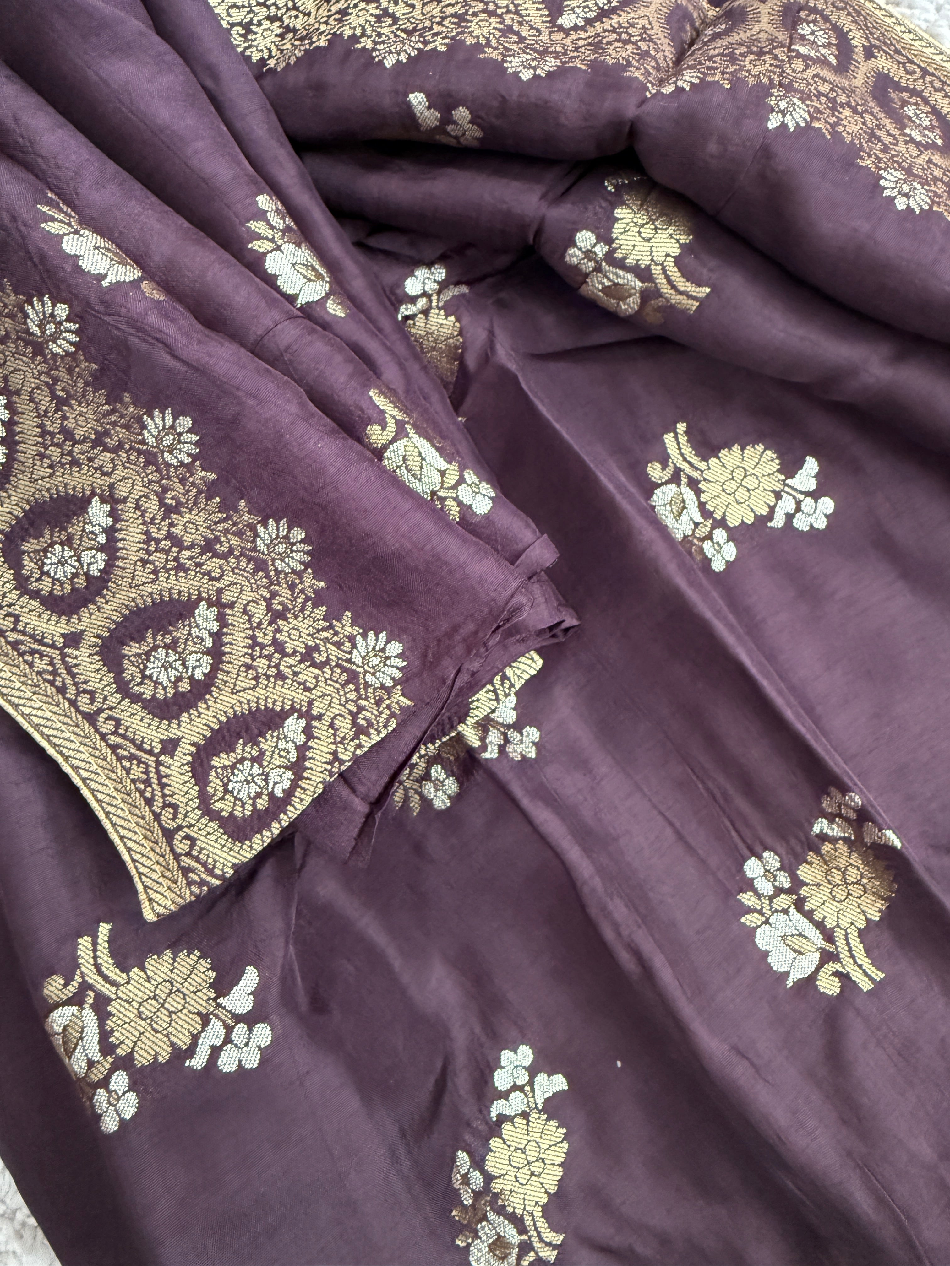 Pure Banarasi Silk Woven Dupatta with Floral Butti & Traditional Border- Deep Plum