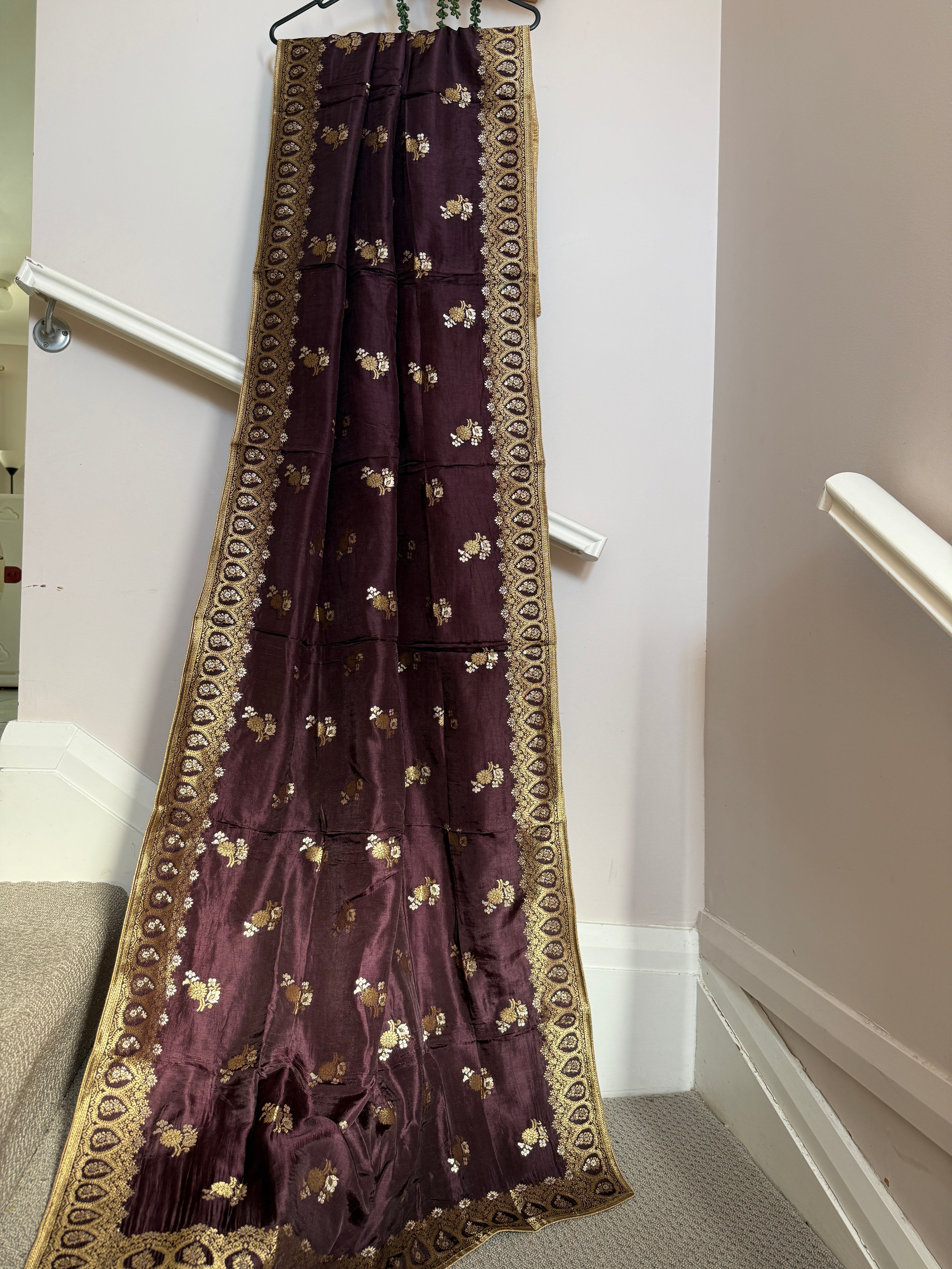 Pure Banarasi Silk Woven Dupatta with Floral Butti & Traditional Border- Deep Plum