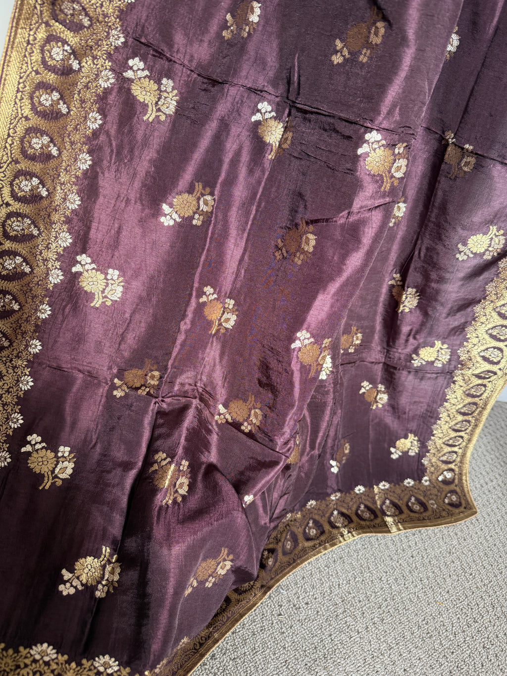 Pure Banarasi Silk Woven Dupatta with Floral Butti & Traditional Border- Deep Plum