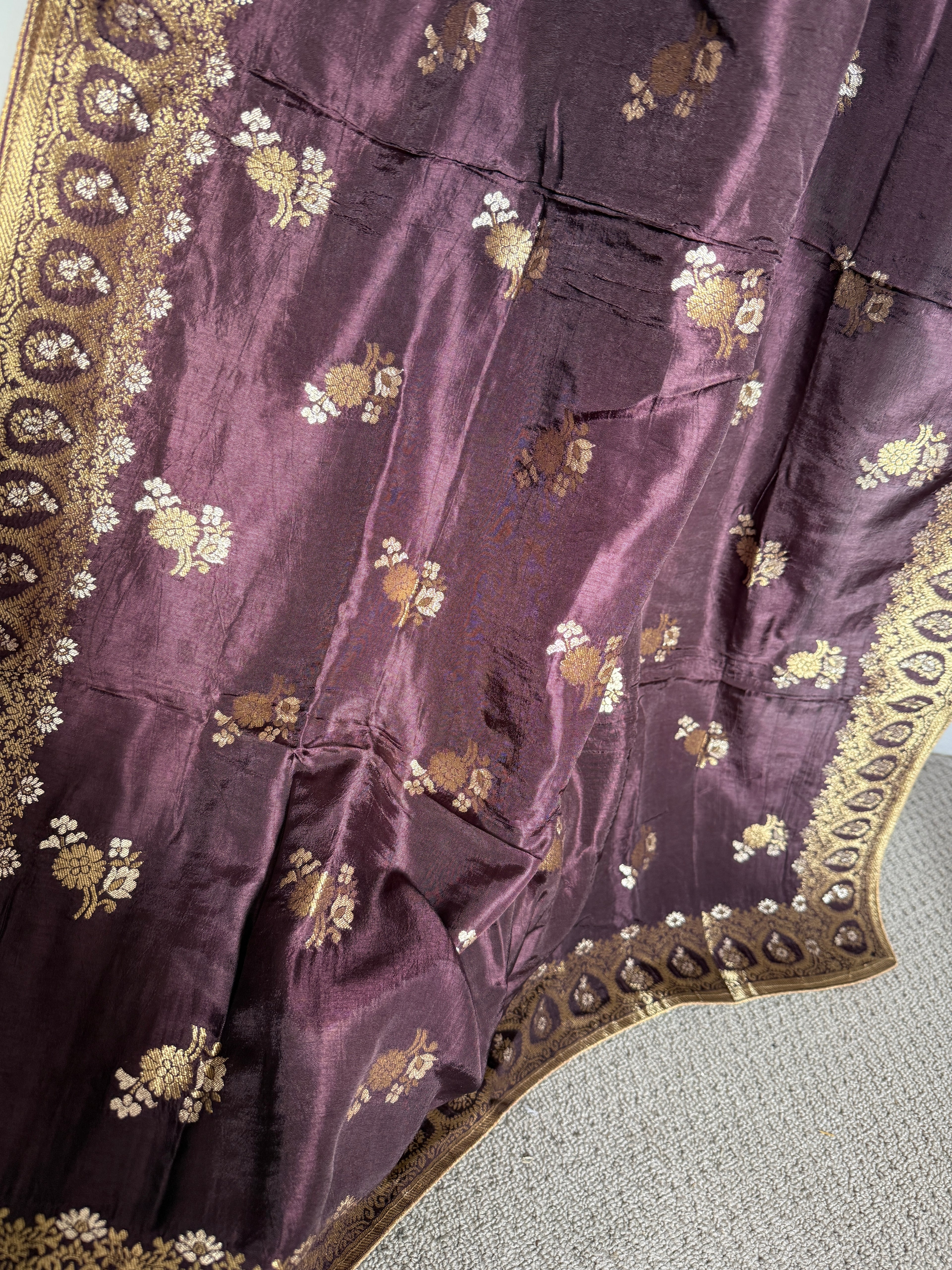 Pure Banarasi Silk Woven Dupatta with Floral Butti & Traditional Border- Deep Plum