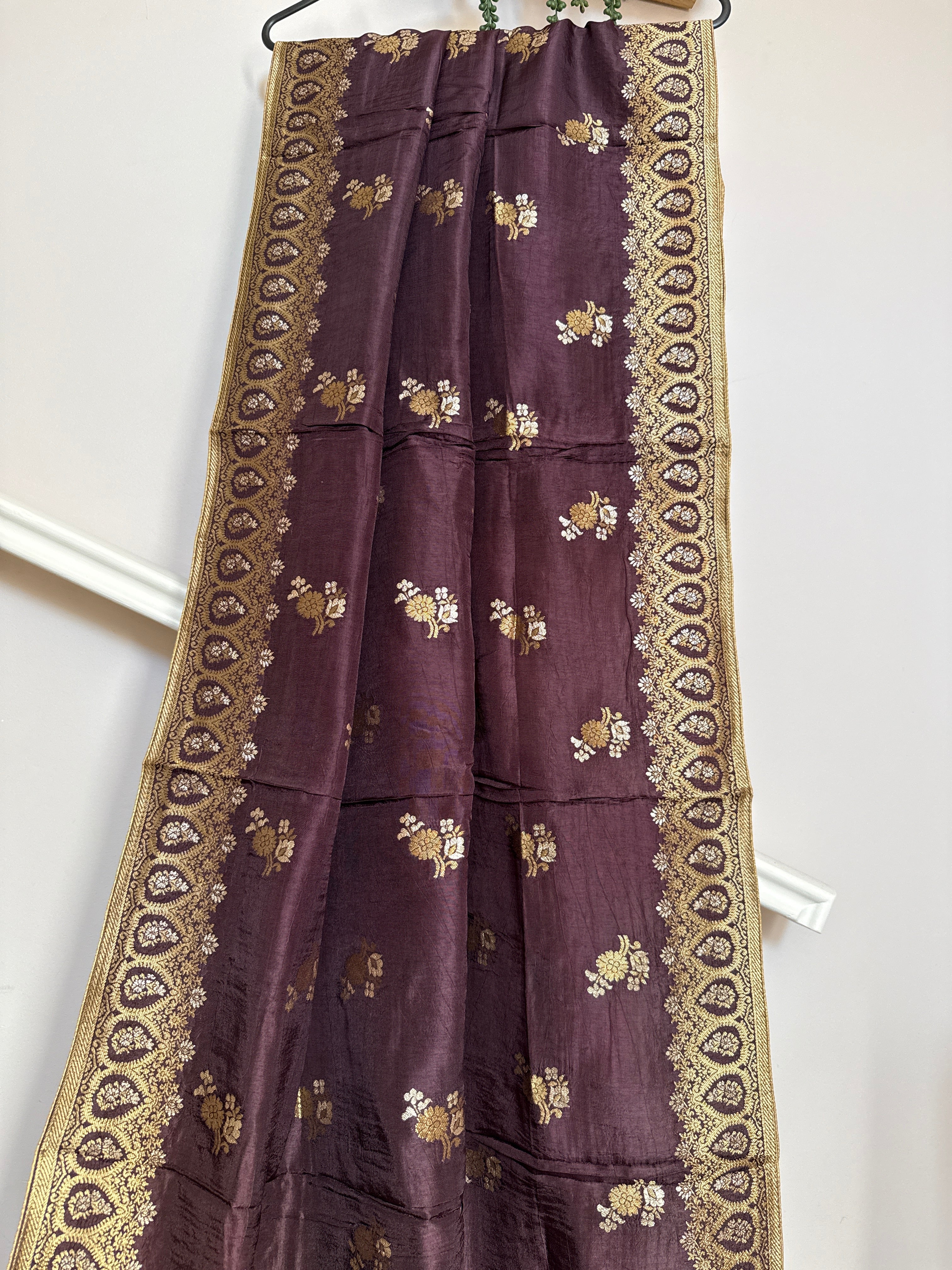 Pure Banarasi Silk Woven Dupatta with Floral Butti & Traditional Border- Deep Plum
