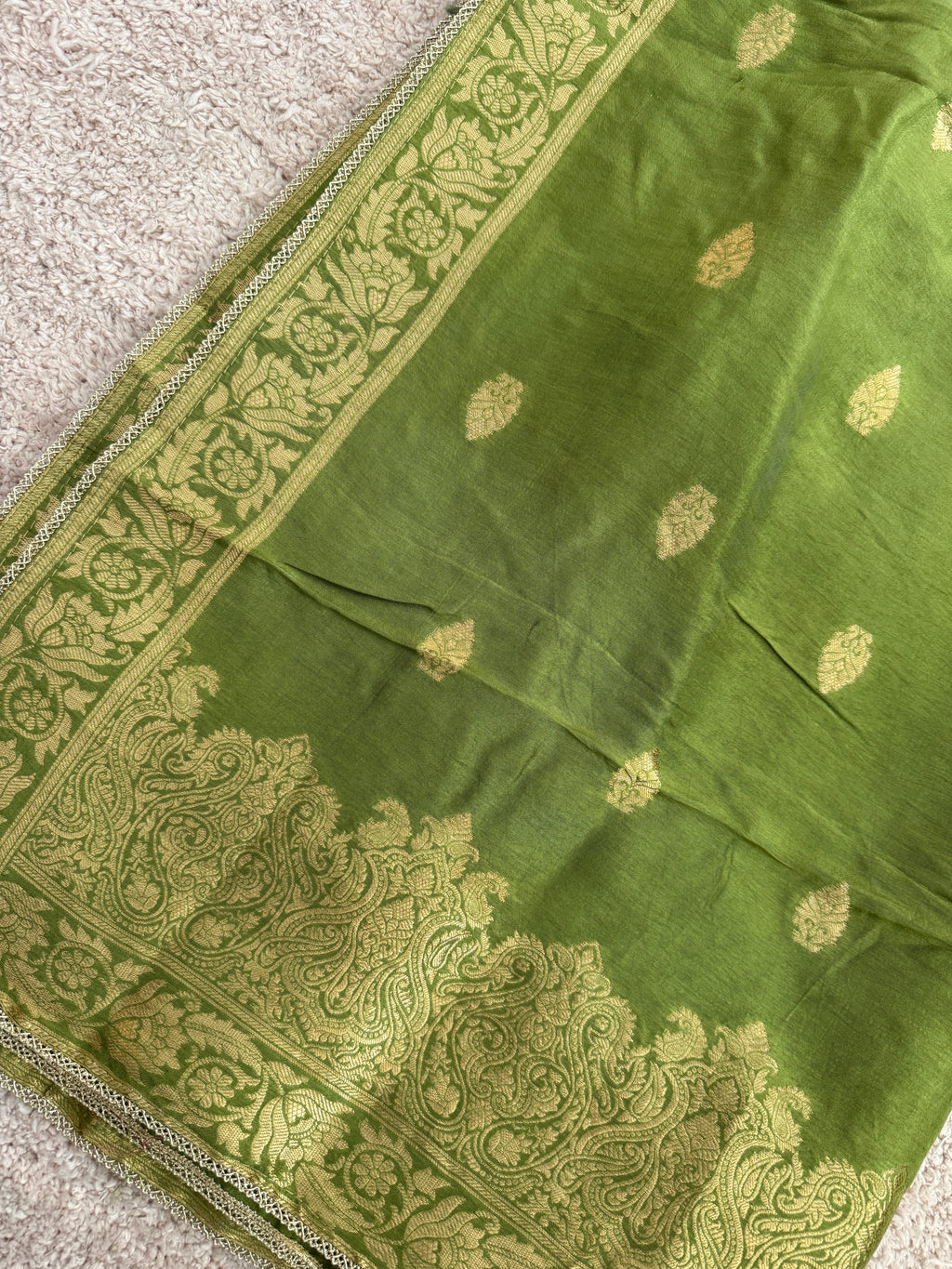 Pure Banarasi Silk Woven Dupatta – Olive Green with Gold Zari Border
