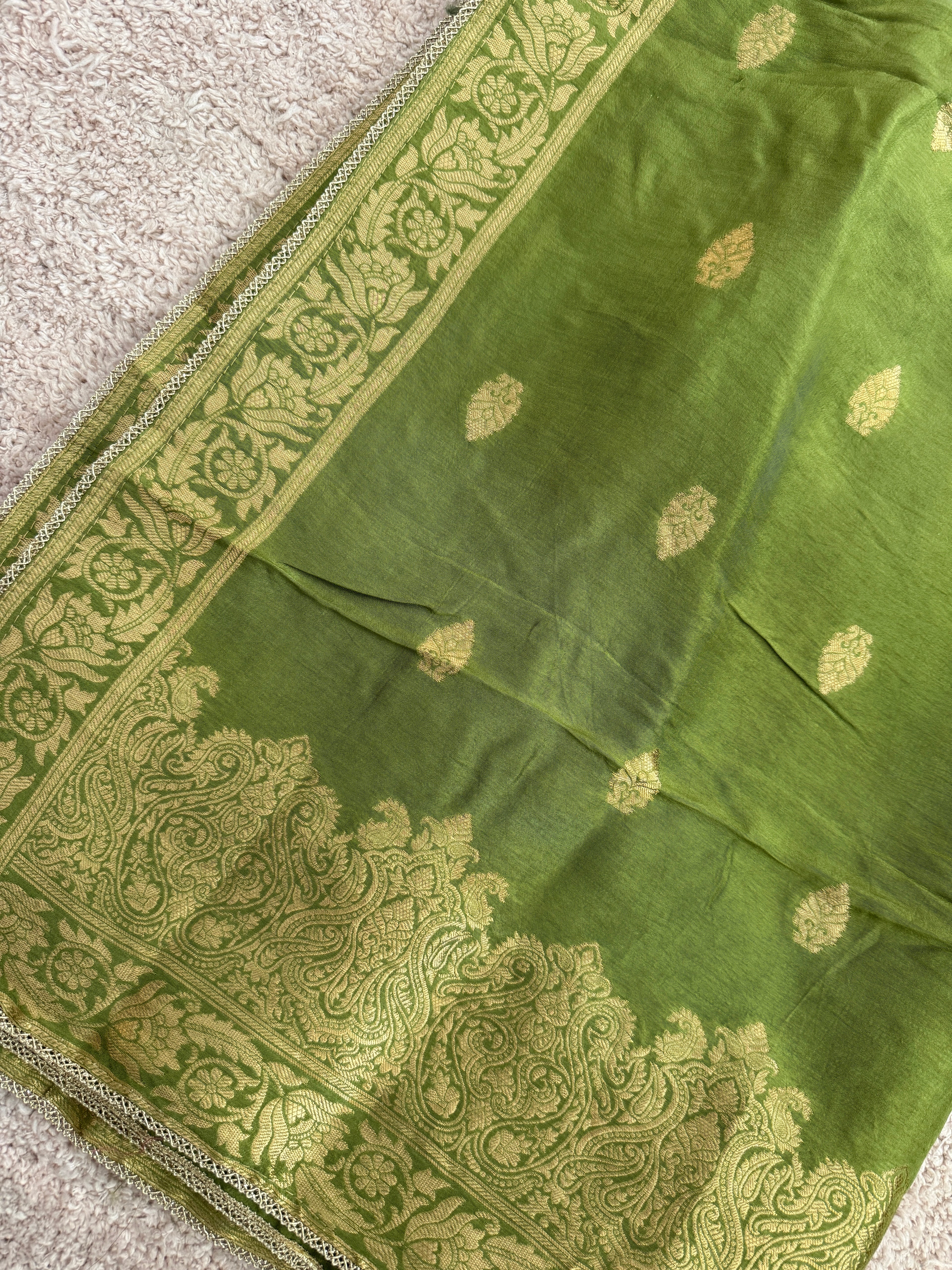 Pure Banarasi Silk Woven Dupatta – Olive Green with Gold Zari Border