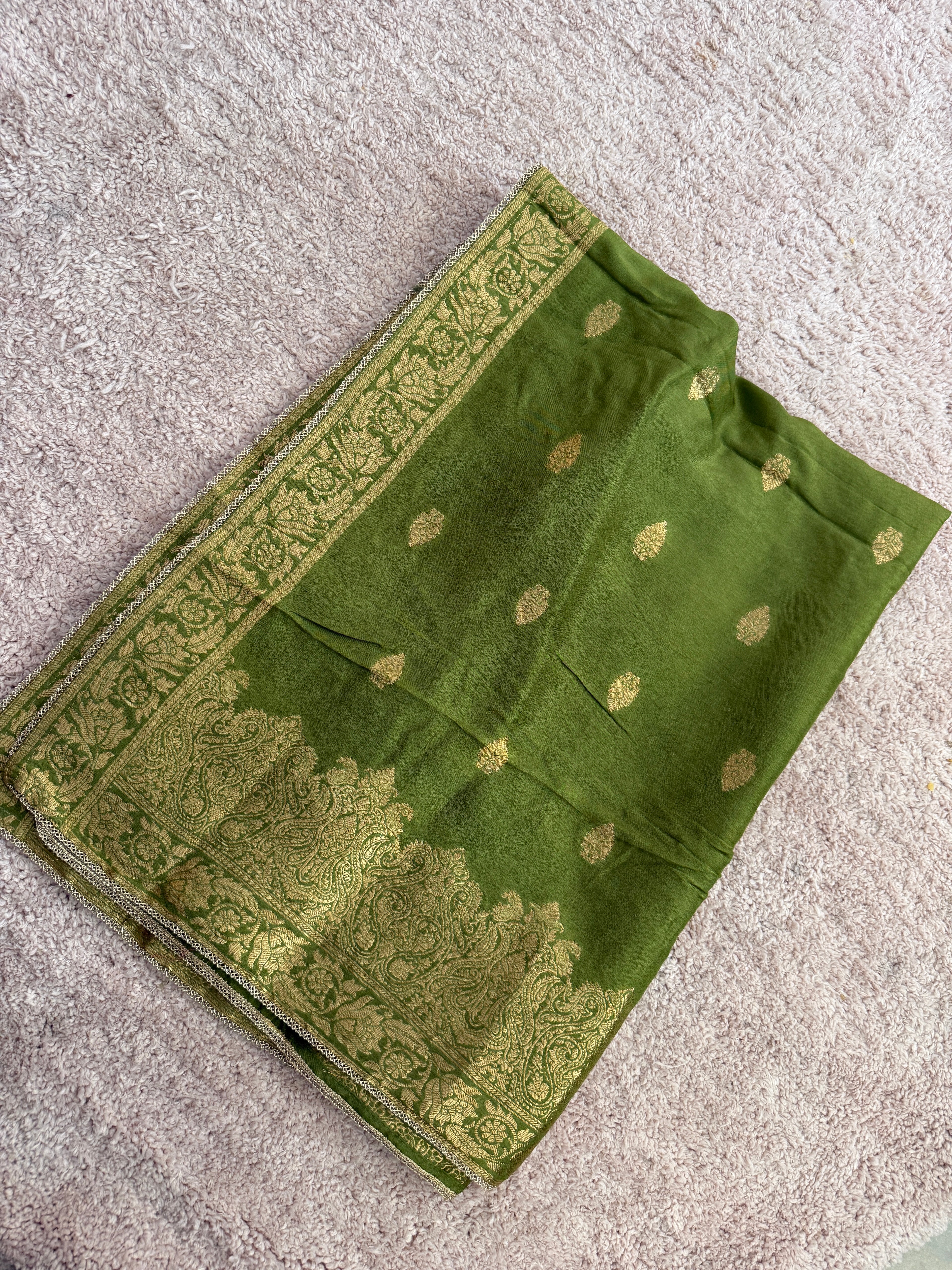 Pure Banarasi Silk Woven Dupatta – Olive Green with Gold Zari Border