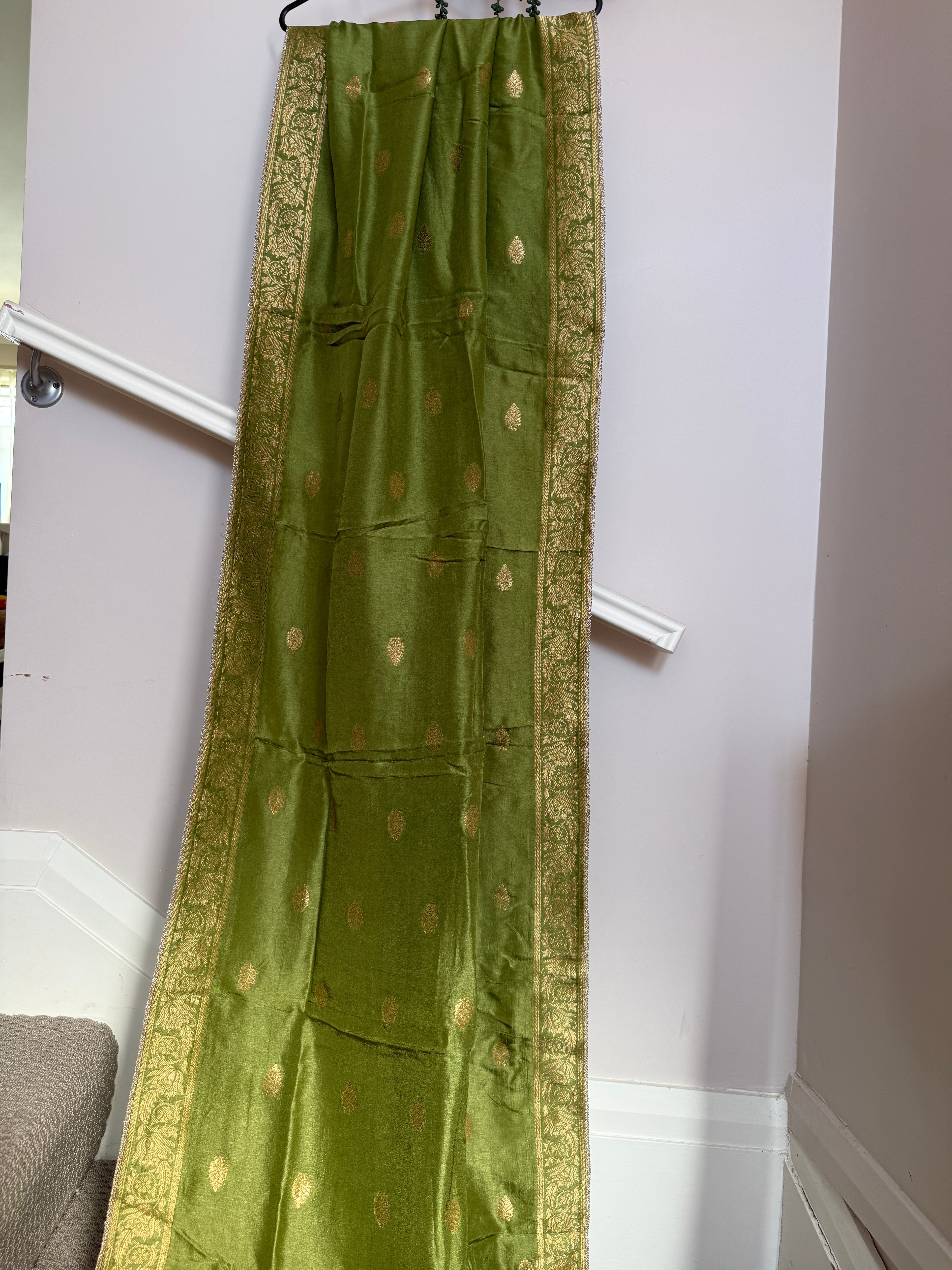 Pure Banarasi Silk Woven Dupatta – Olive Green with Gold Zari Border