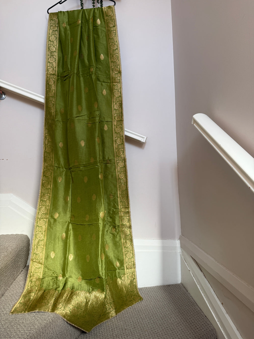 Pure Banarasi Silk Woven Dupatta – Olive Green with Gold Zari Border