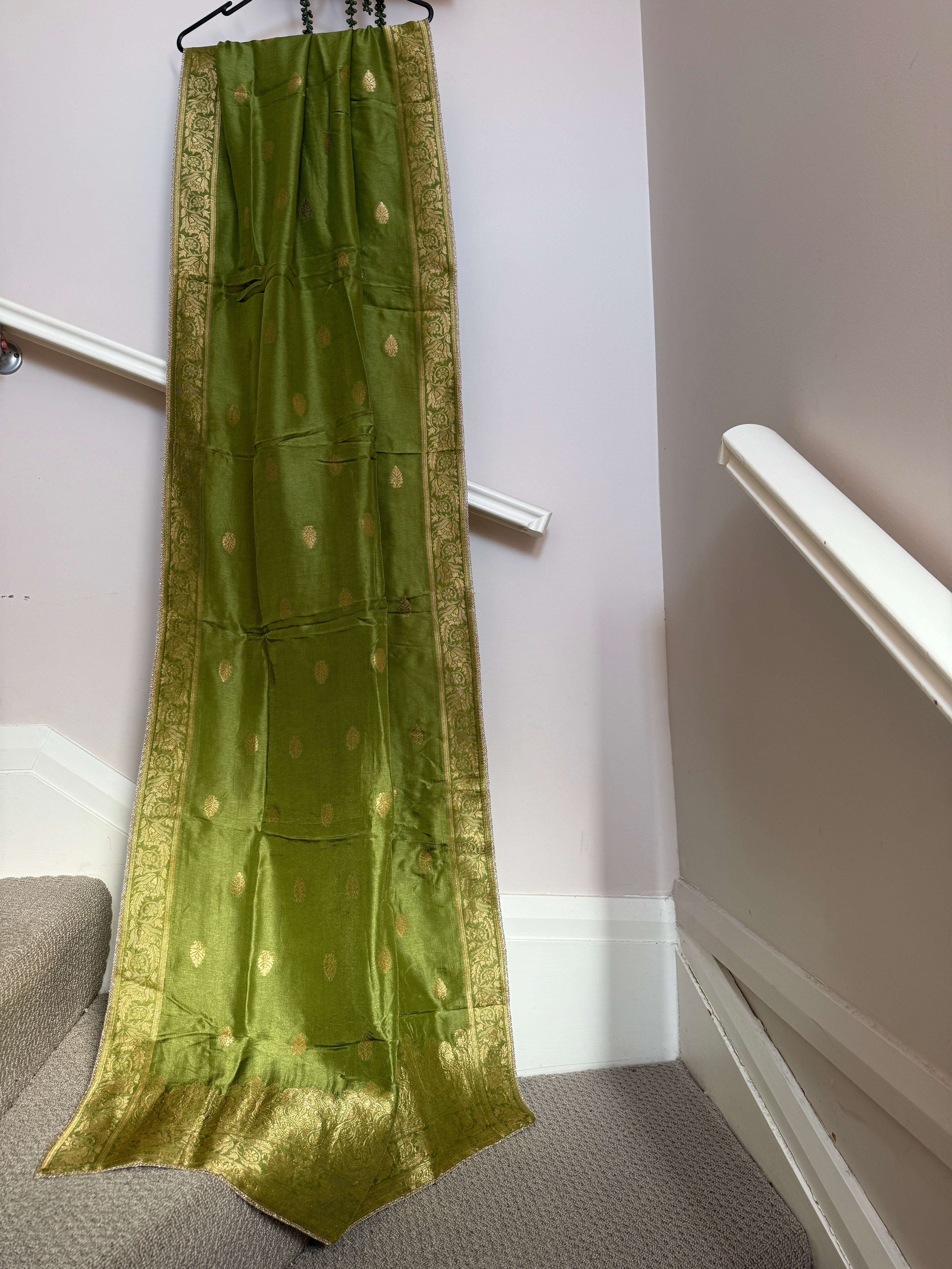 Pure Banarasi Silk Woven Dupatta – Olive Green with Gold Zari Border
