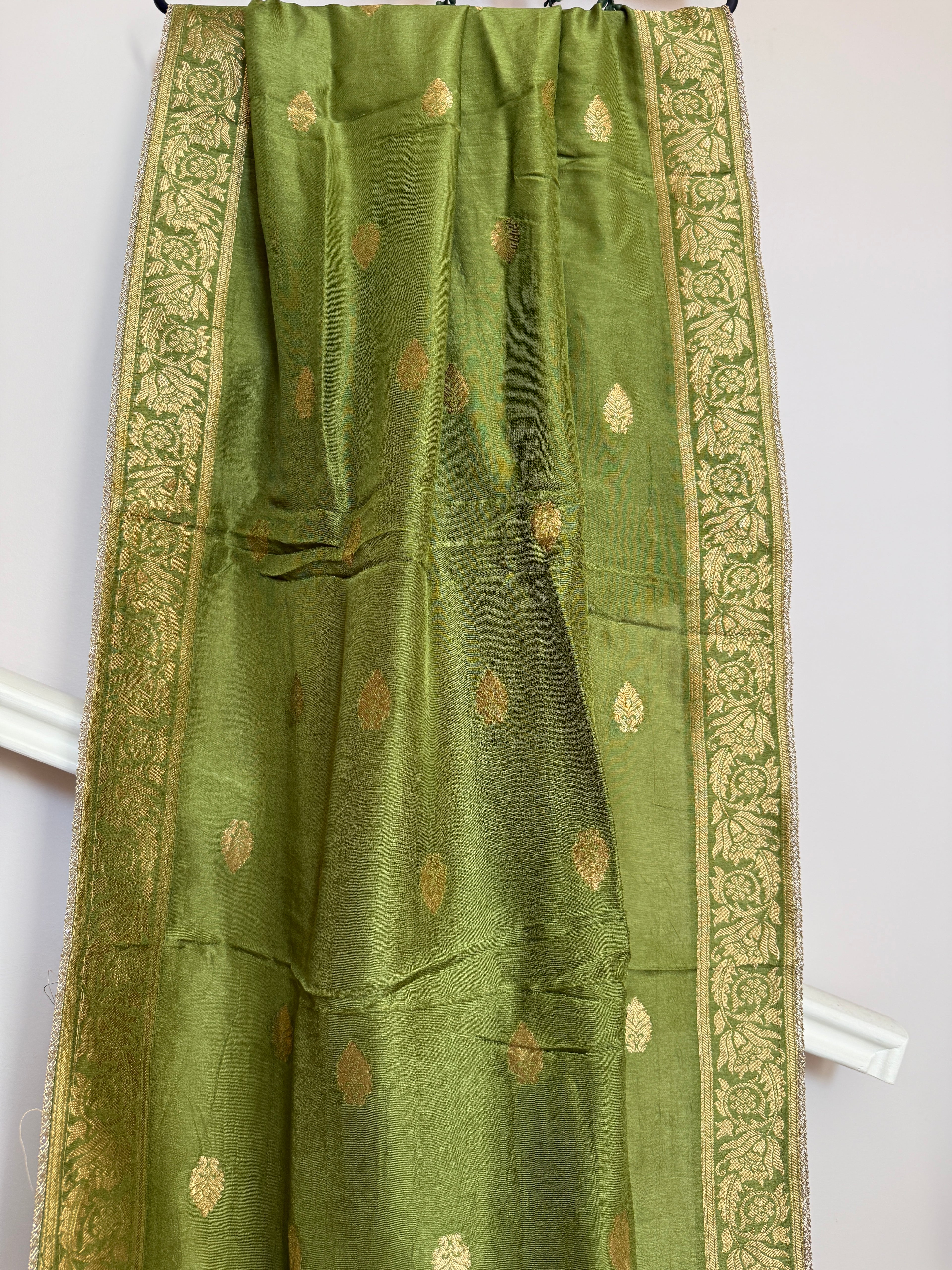 Pure Banarasi Silk Woven Dupatta – Olive Green with Gold Zari Border