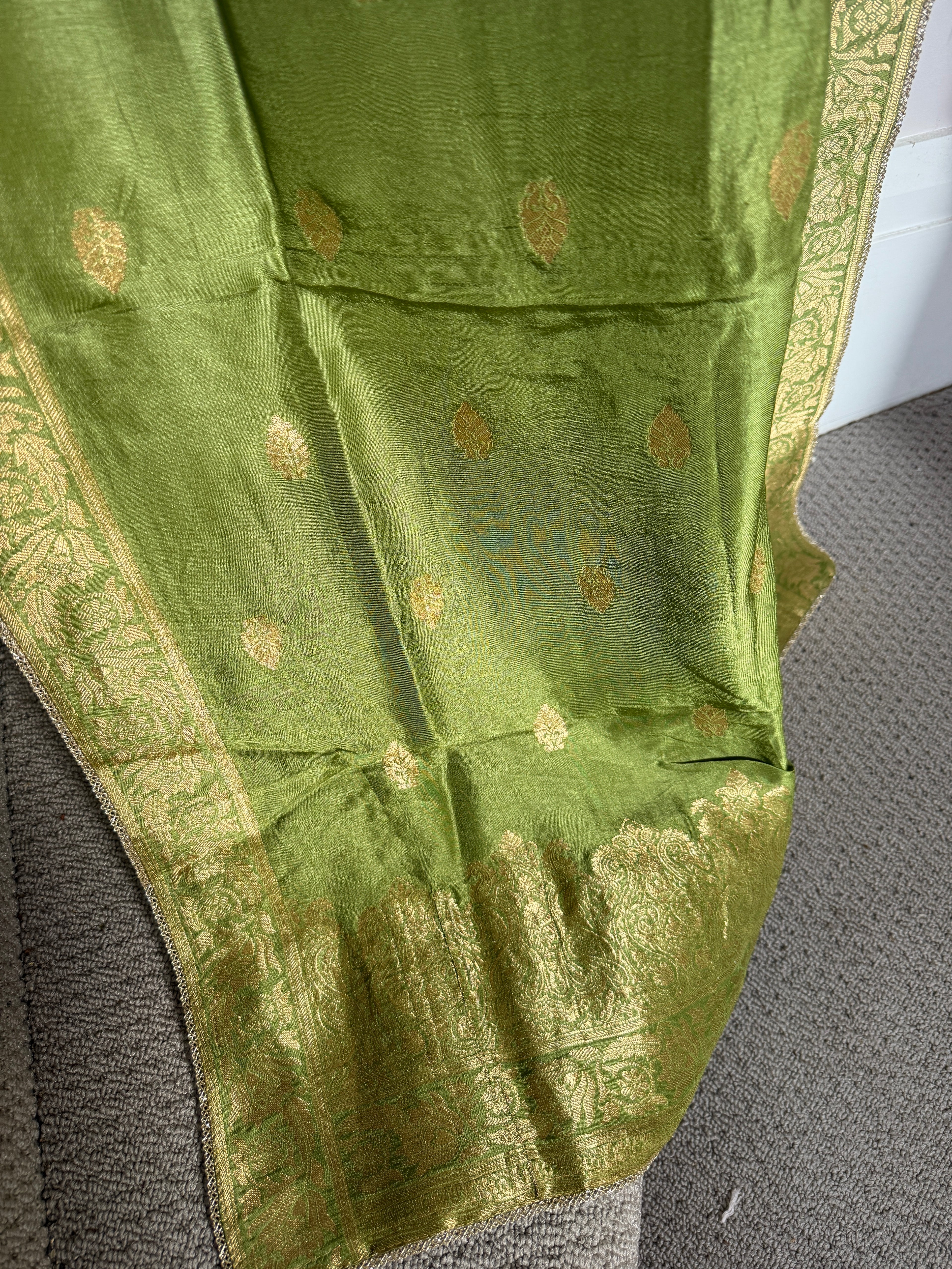 Pure Banarasi Silk Woven Dupatta – Olive Green with Gold Zari Border