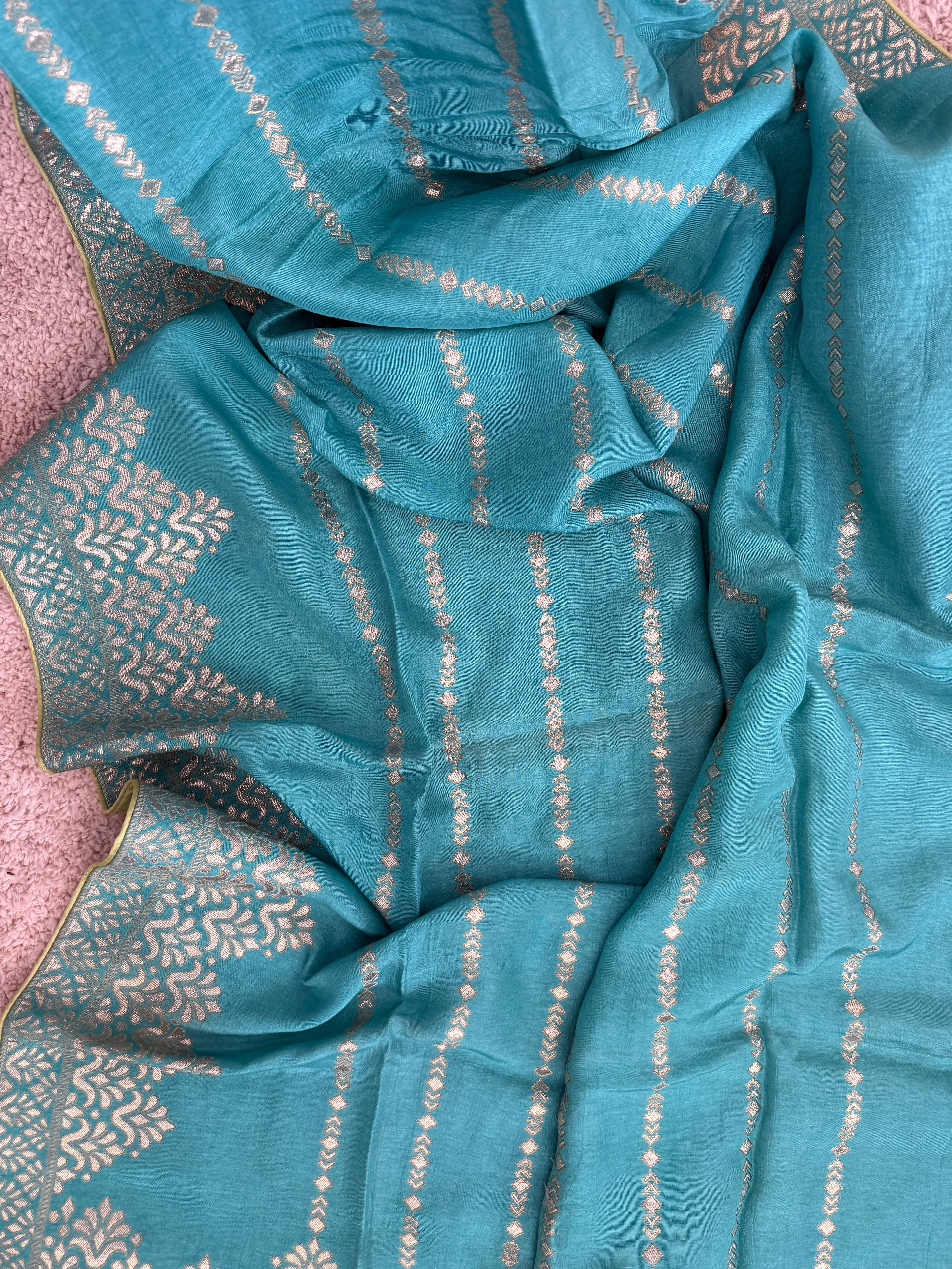 Pure Banarasi Silk Dupatta – Peacock Blue with Gold Zari Woven Border
