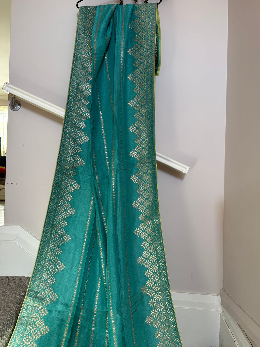 Pure Banarasi Silk Dupatta – Peacock Blue with Gold Zari Woven Border