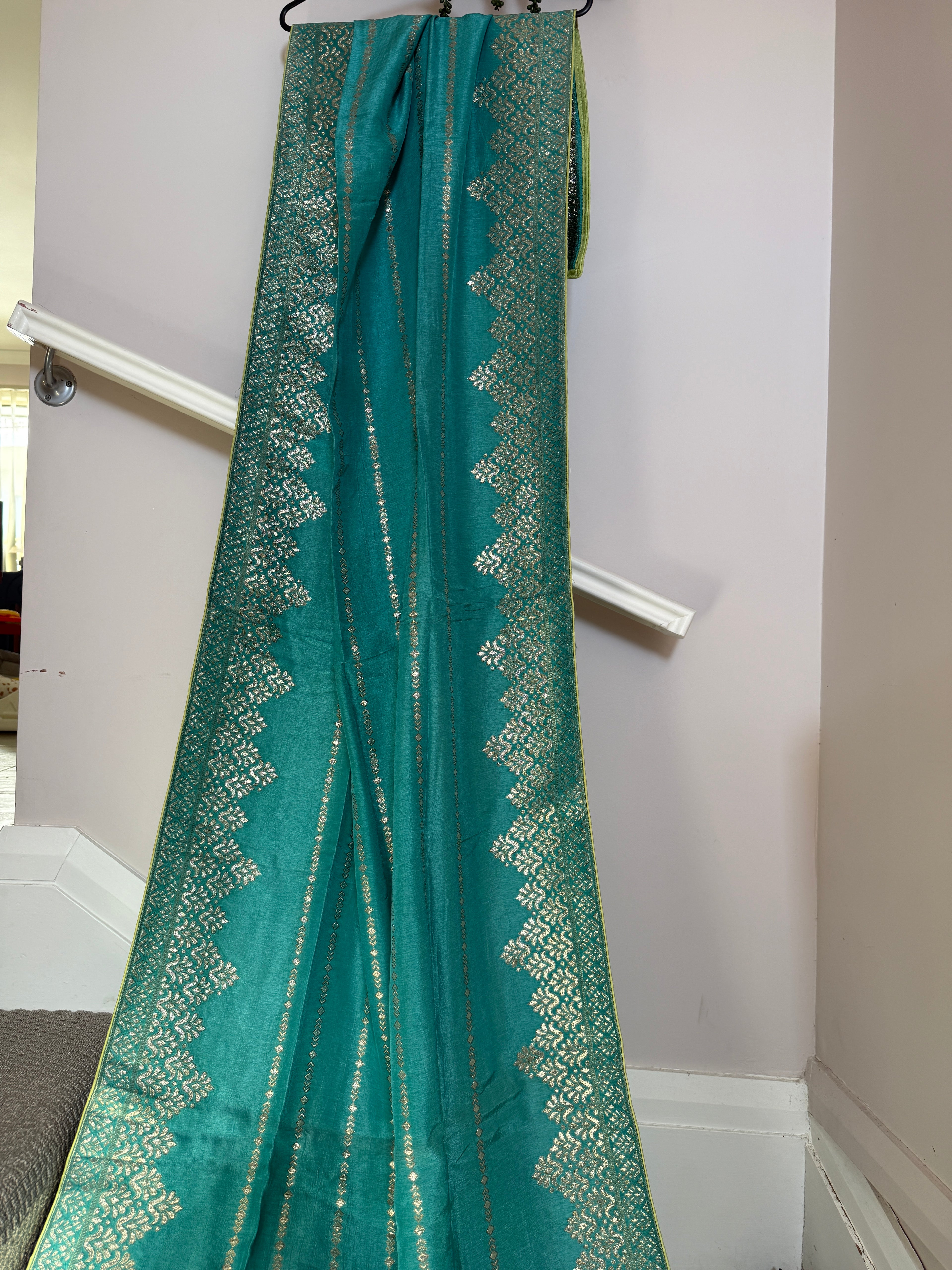 Pure Banarasi Silk Dupatta – Peacock Blue with Gold Zari Woven Border