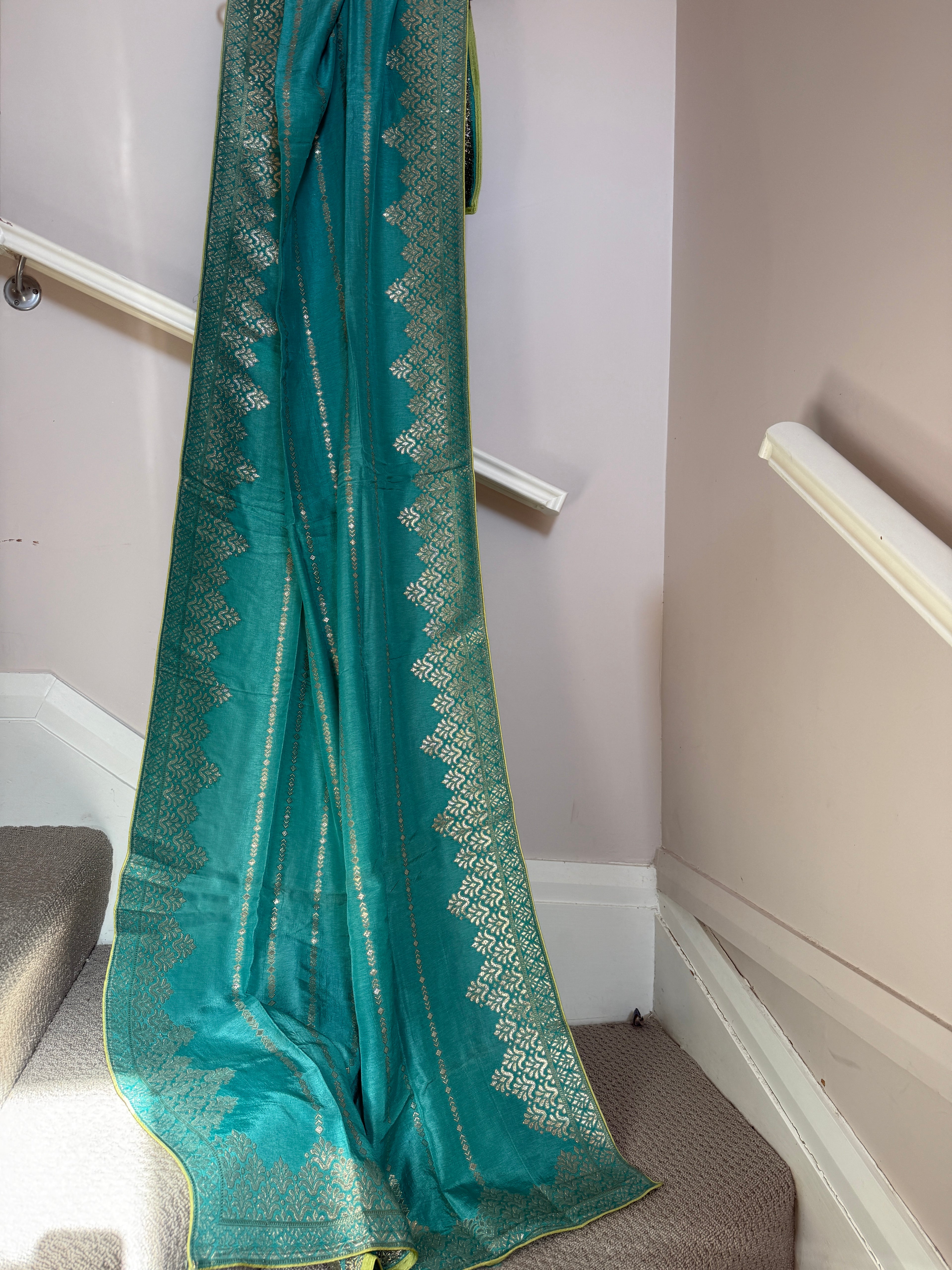 Pure Banarasi Silk Dupatta – Peacock Blue with Gold Zari Woven Border