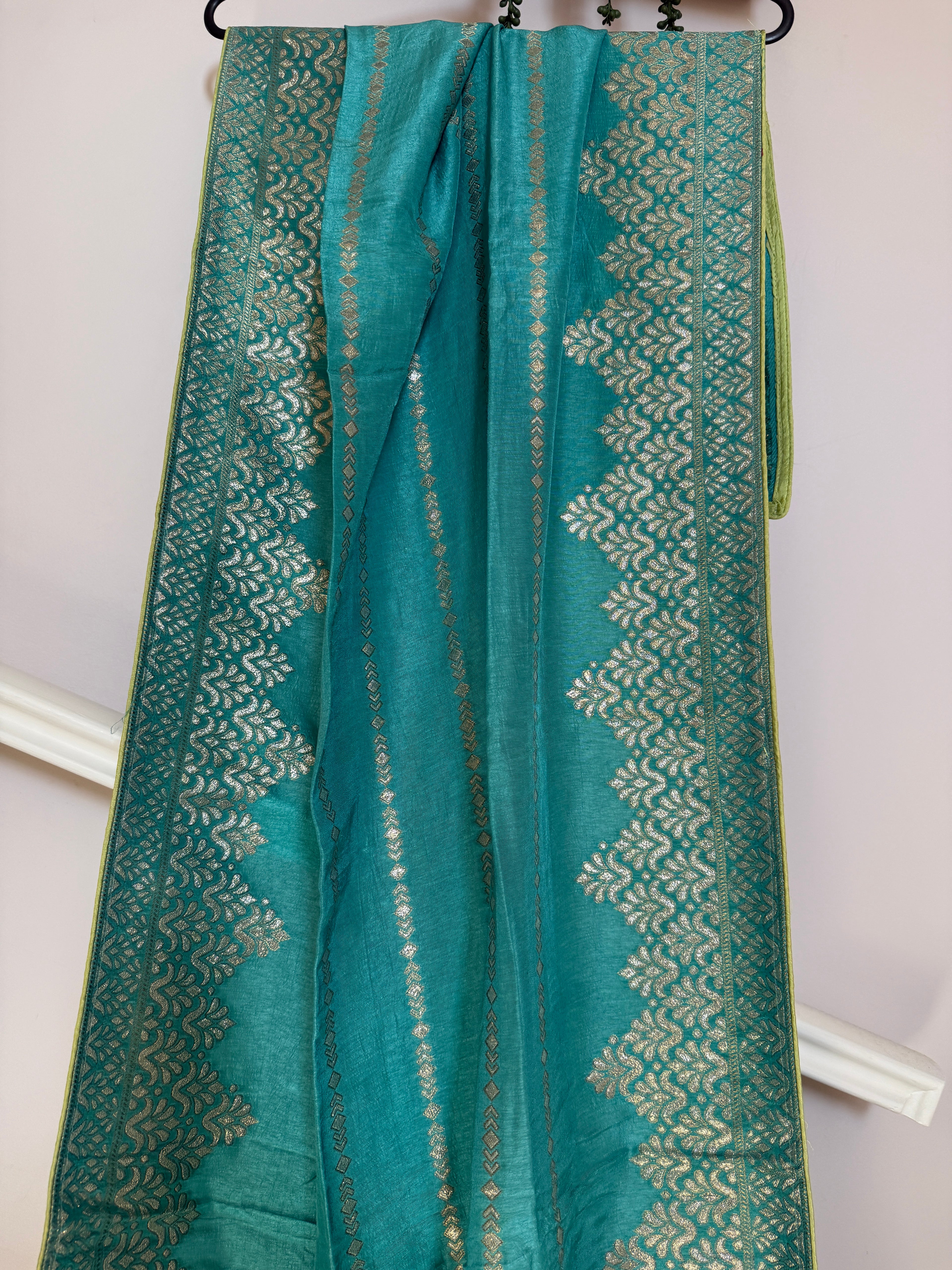 Pure Banarasi Silk Dupatta – Peacock Blue with Gold Zari Woven Border