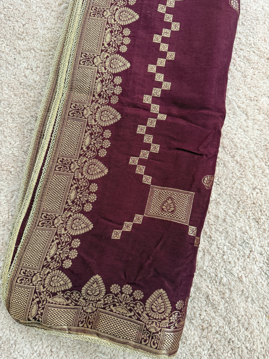 Pure Banarasi Silk Dupatta – Wine | Gold Zari Woven Paisley Border