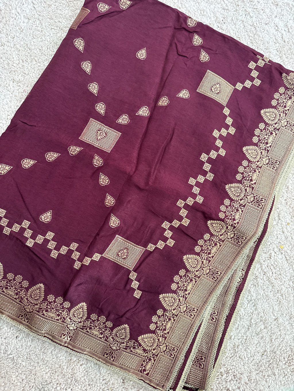 Pure Banarasi Silk Dupatta – Wine | Gold Zari Woven Paisley Border