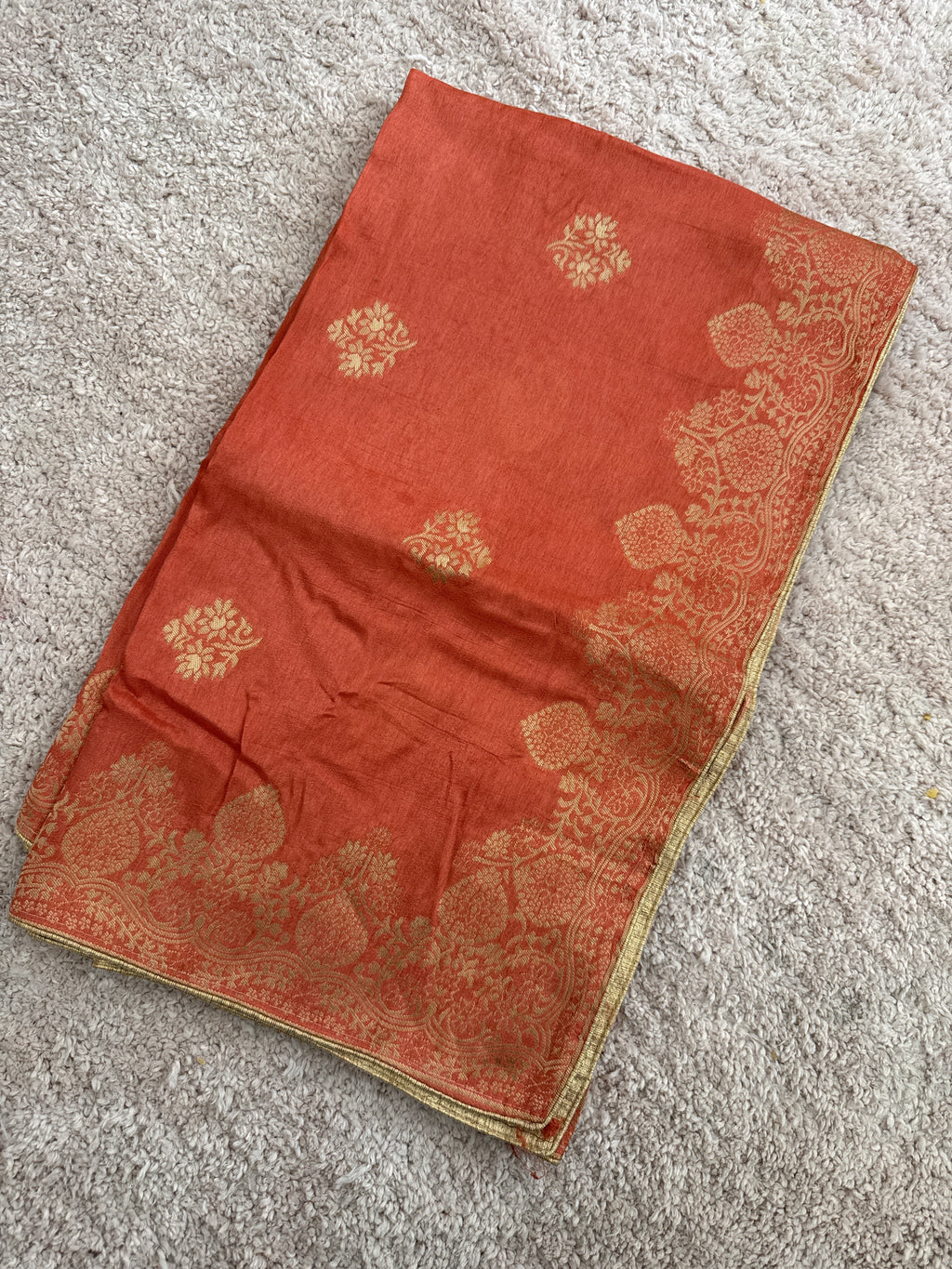 Pure Banarasi Silk Dupatta – Peach Coral | Gold Zari Woven Floral Border
