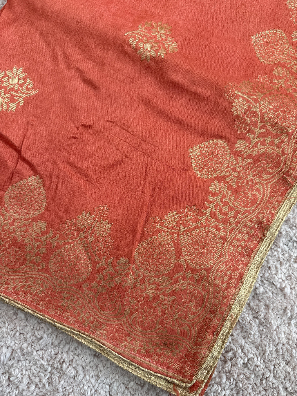 Pure Banarasi Silk Dupatta – Peach Coral | Gold Zari Woven Floral Border