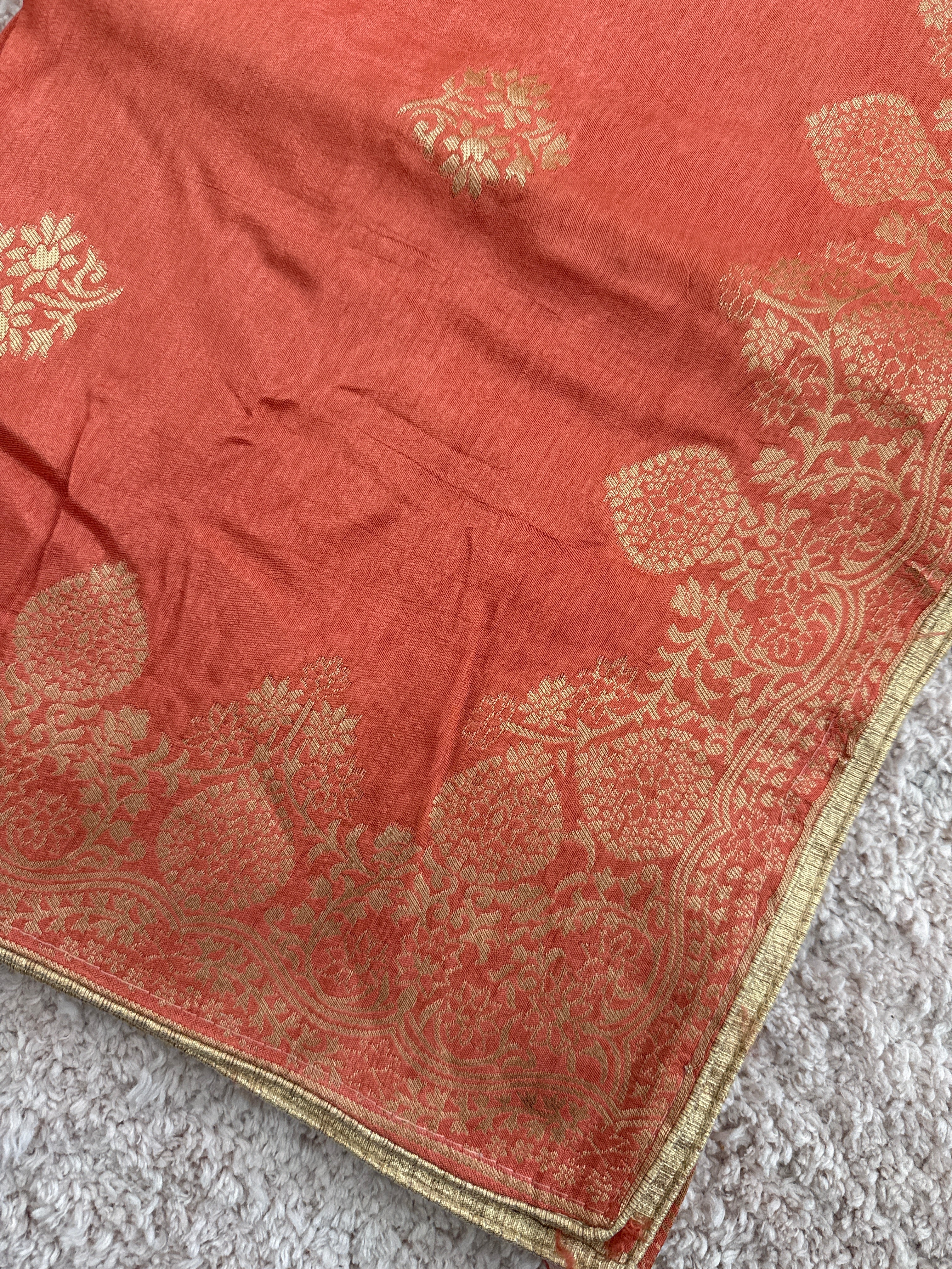 Pure Banarasi Silk Dupatta – Peach Coral | Gold Zari Woven Floral Border