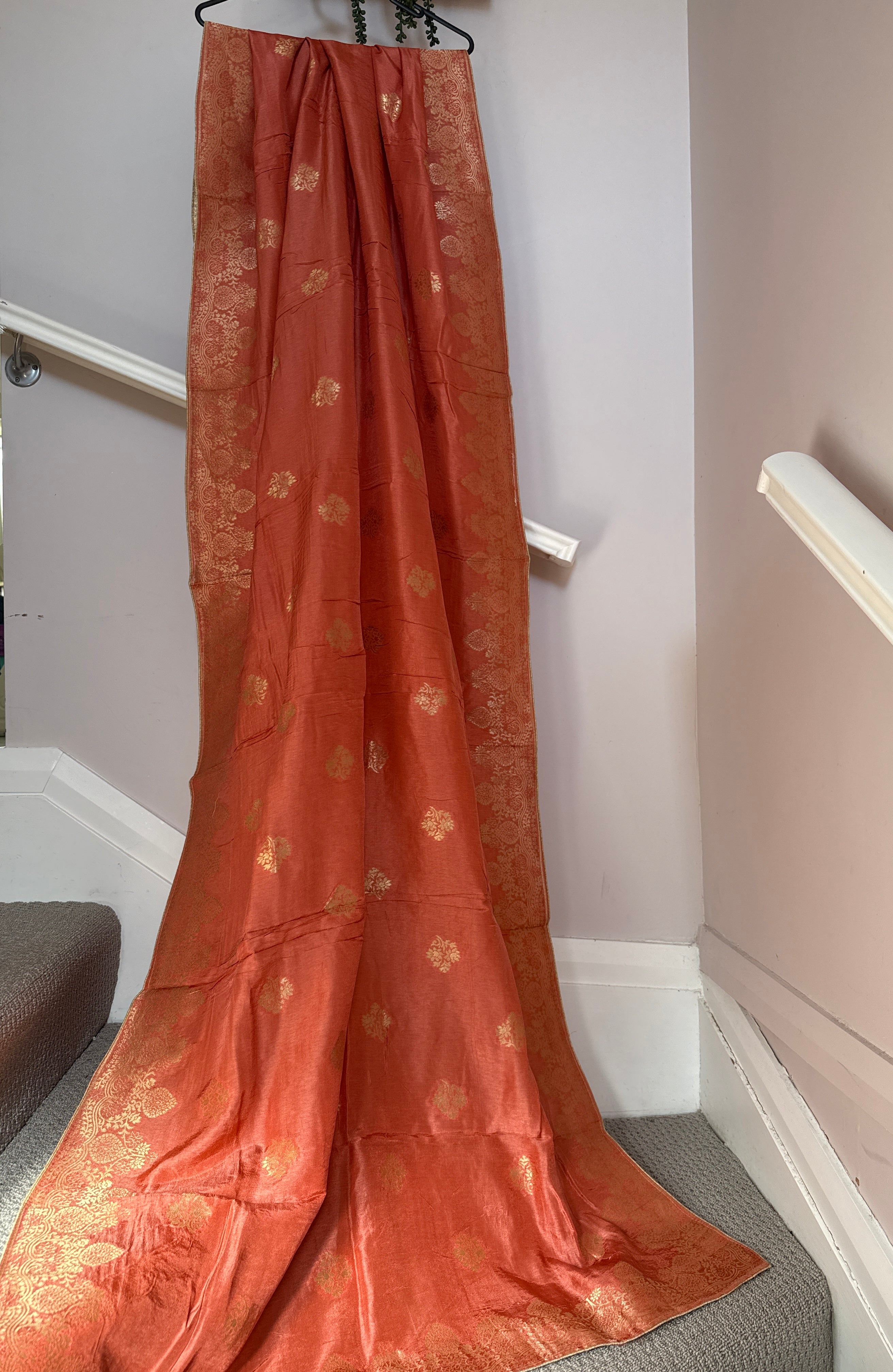 Pure Banarasi Silk Dupatta – Peach Coral | Gold Zari Woven Floral Border