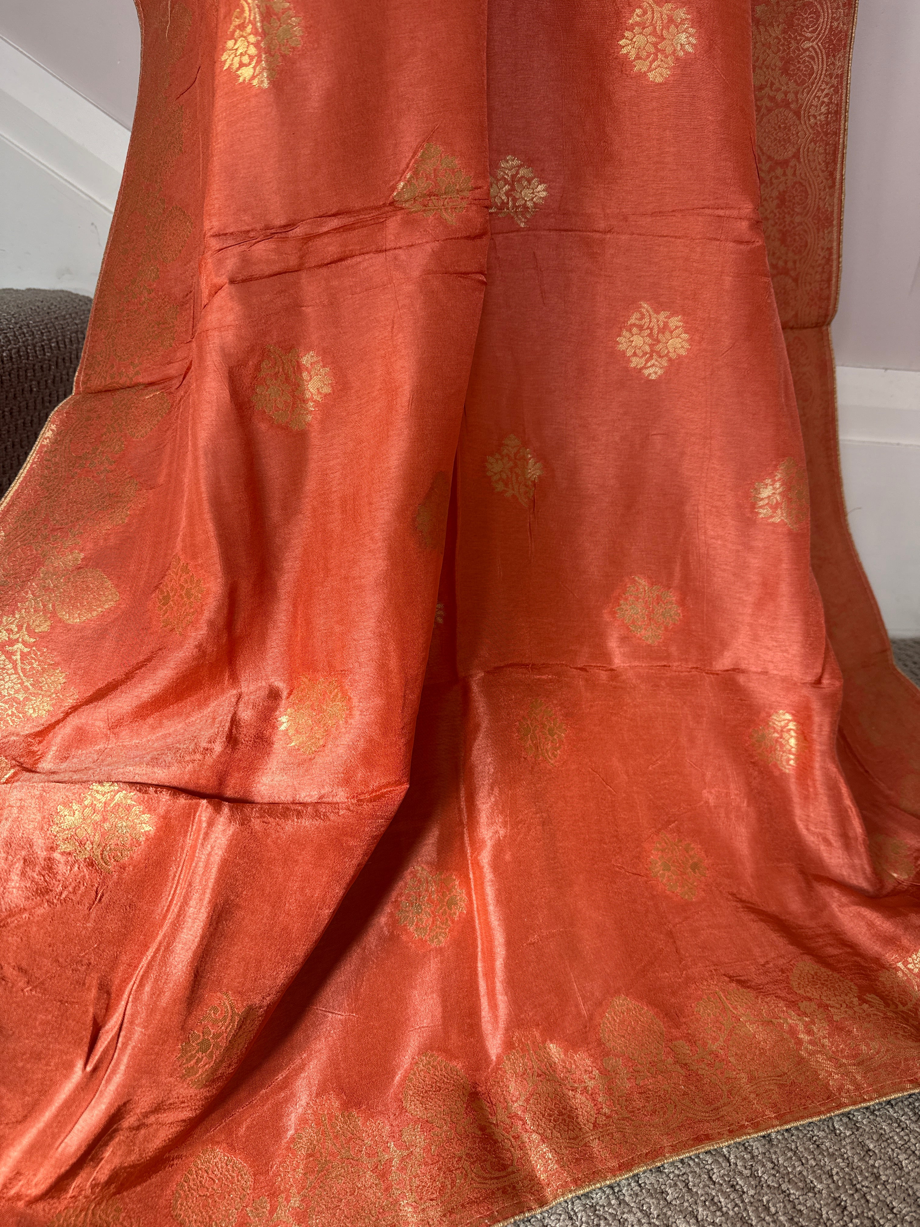 Pure Banarasi Silk Dupatta – Peach Coral | Gold Zari Woven Floral Border