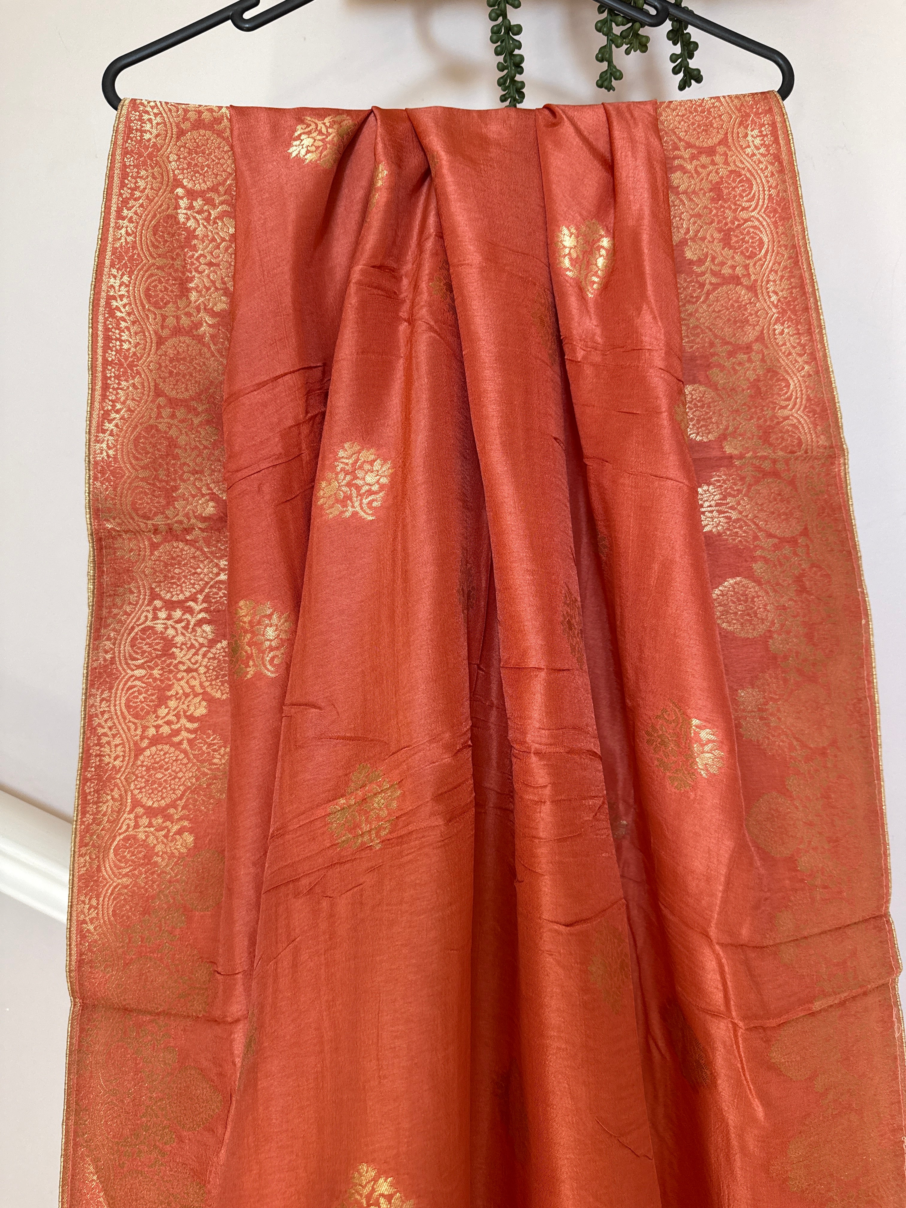 Pure Banarasi Silk Dupatta – Peach Coral | Gold Zari Woven Floral Border