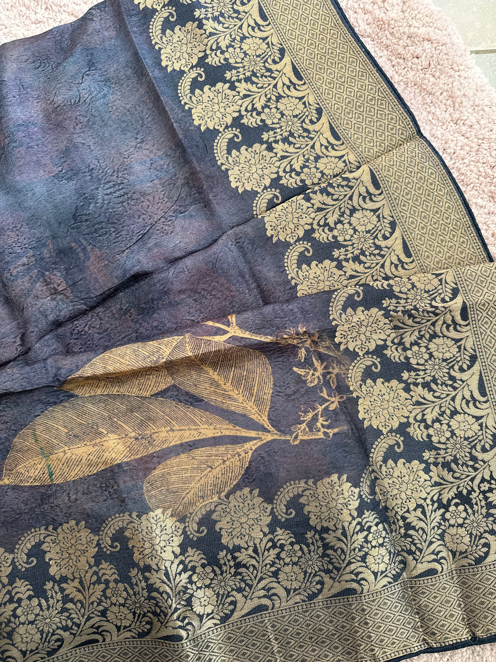Pure Dolla Silk Banarasi Digital Print Dupatta – Smoky Purple | Gold Woven Border