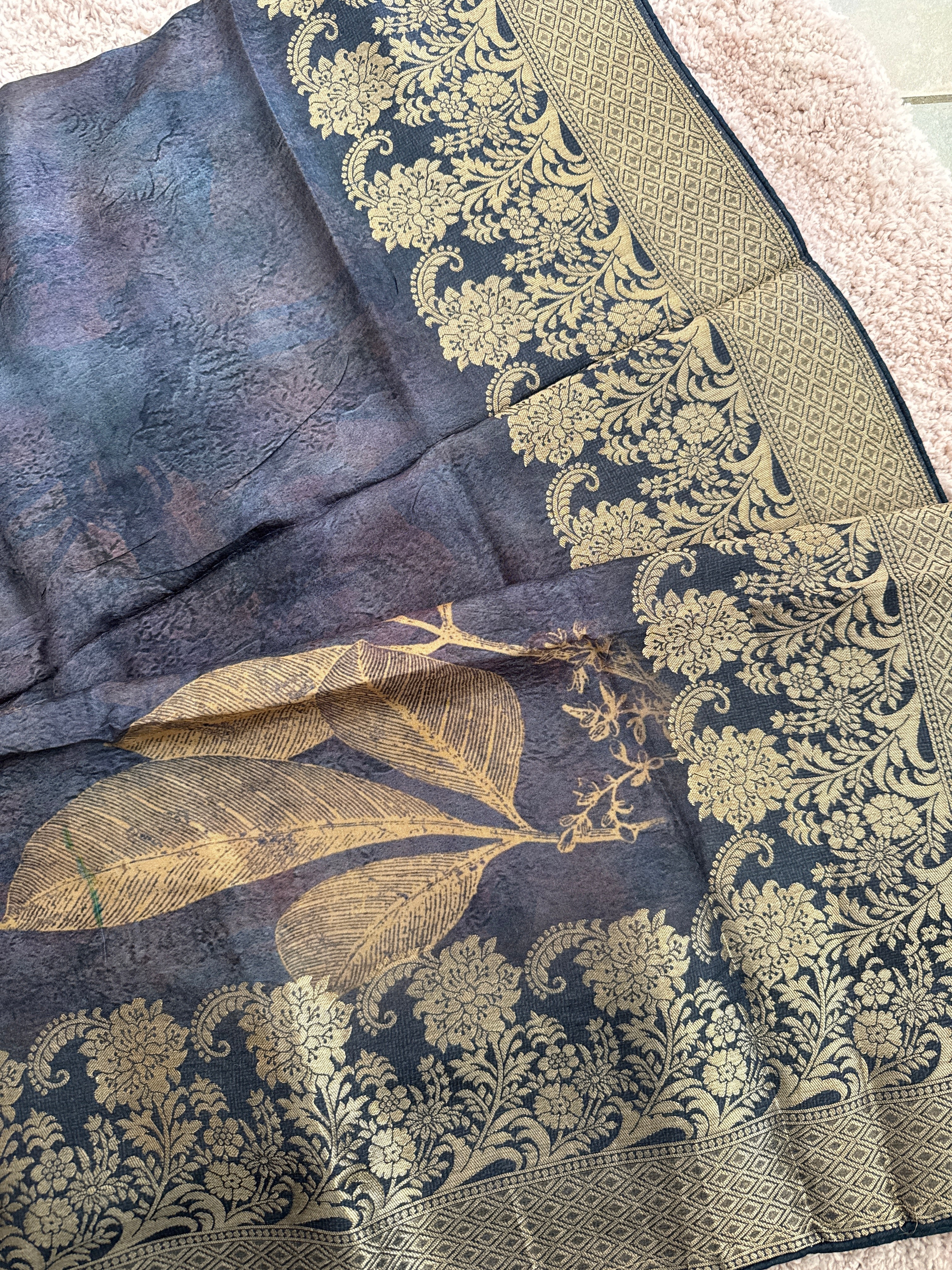 Pure Dolla Silk Banarasi Digital Print Dupatta – Smoky Purple | Gold Woven Border