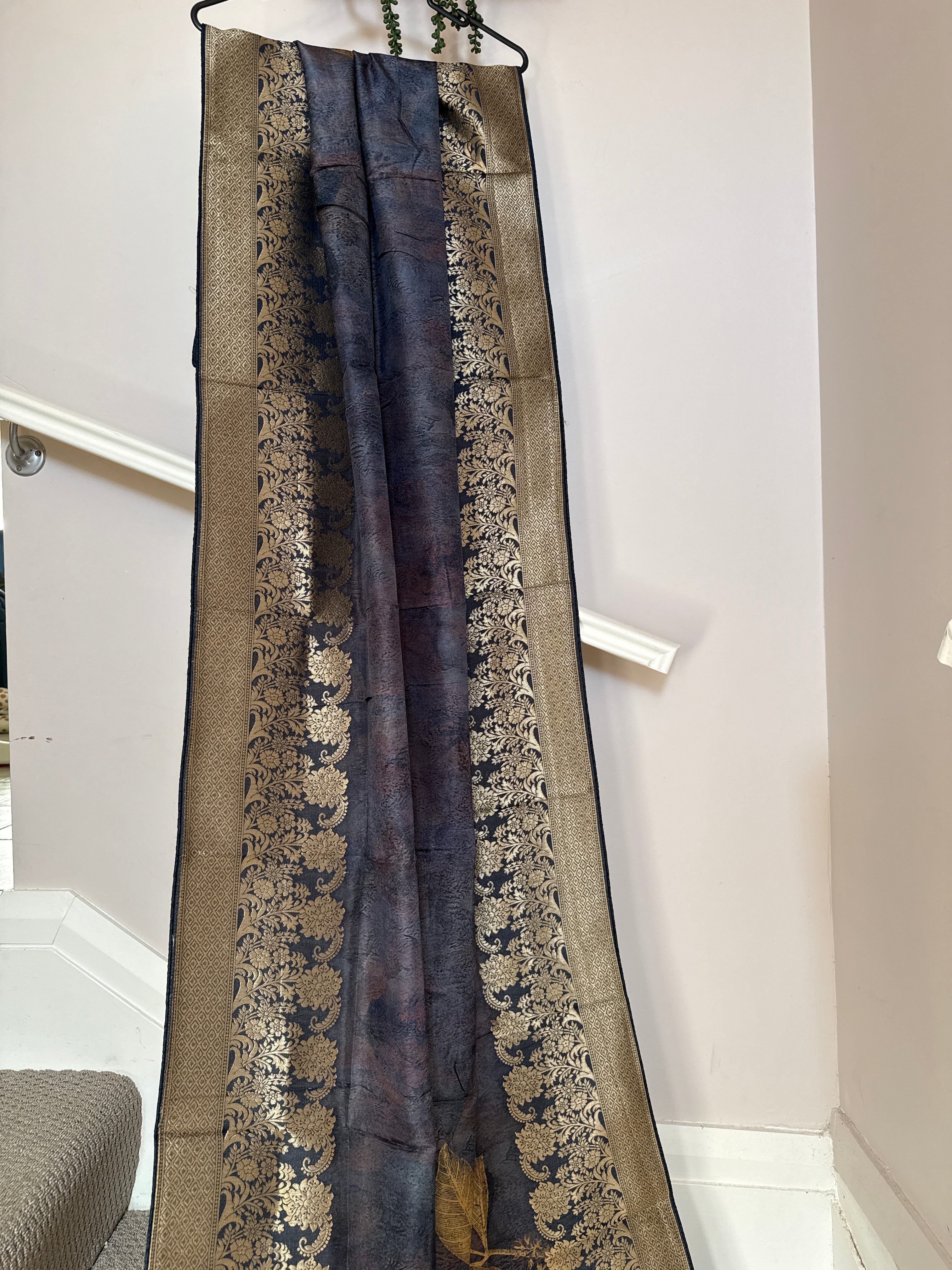Pure Dolla Silk Banarasi Digital Print Dupatta – Smoky Purple | Gold Woven Border