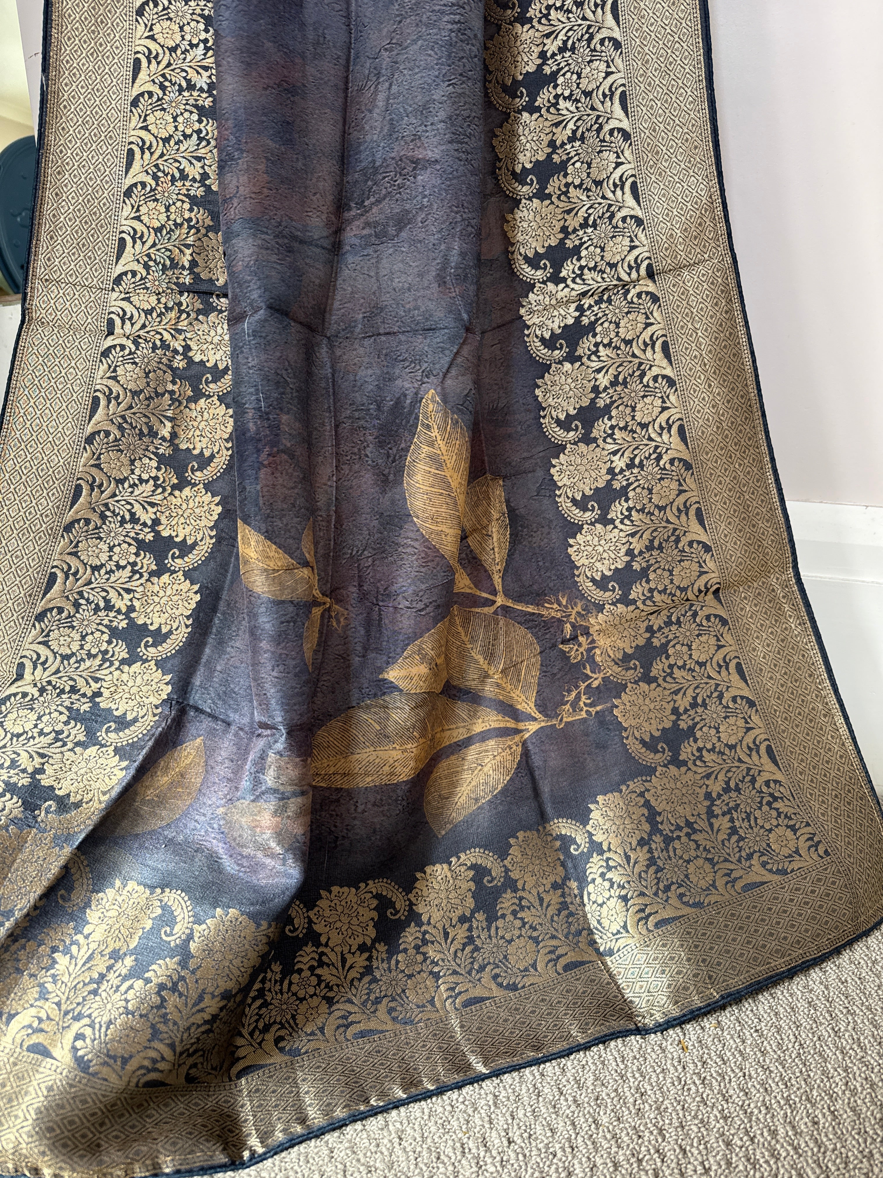 Pure Dolla Silk Banarasi Digital Print Dupatta – Smoky Purple | Gold Woven Border