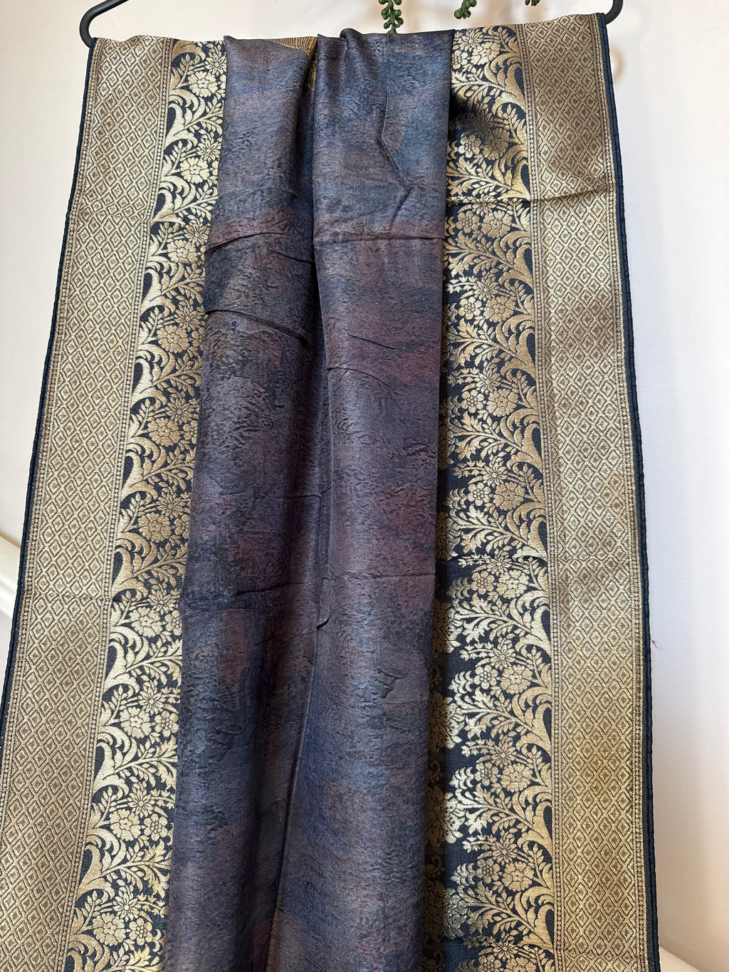 Pure Dolla Silk Banarasi Digital Print Dupatta – Smoky Purple | Gold Woven Border