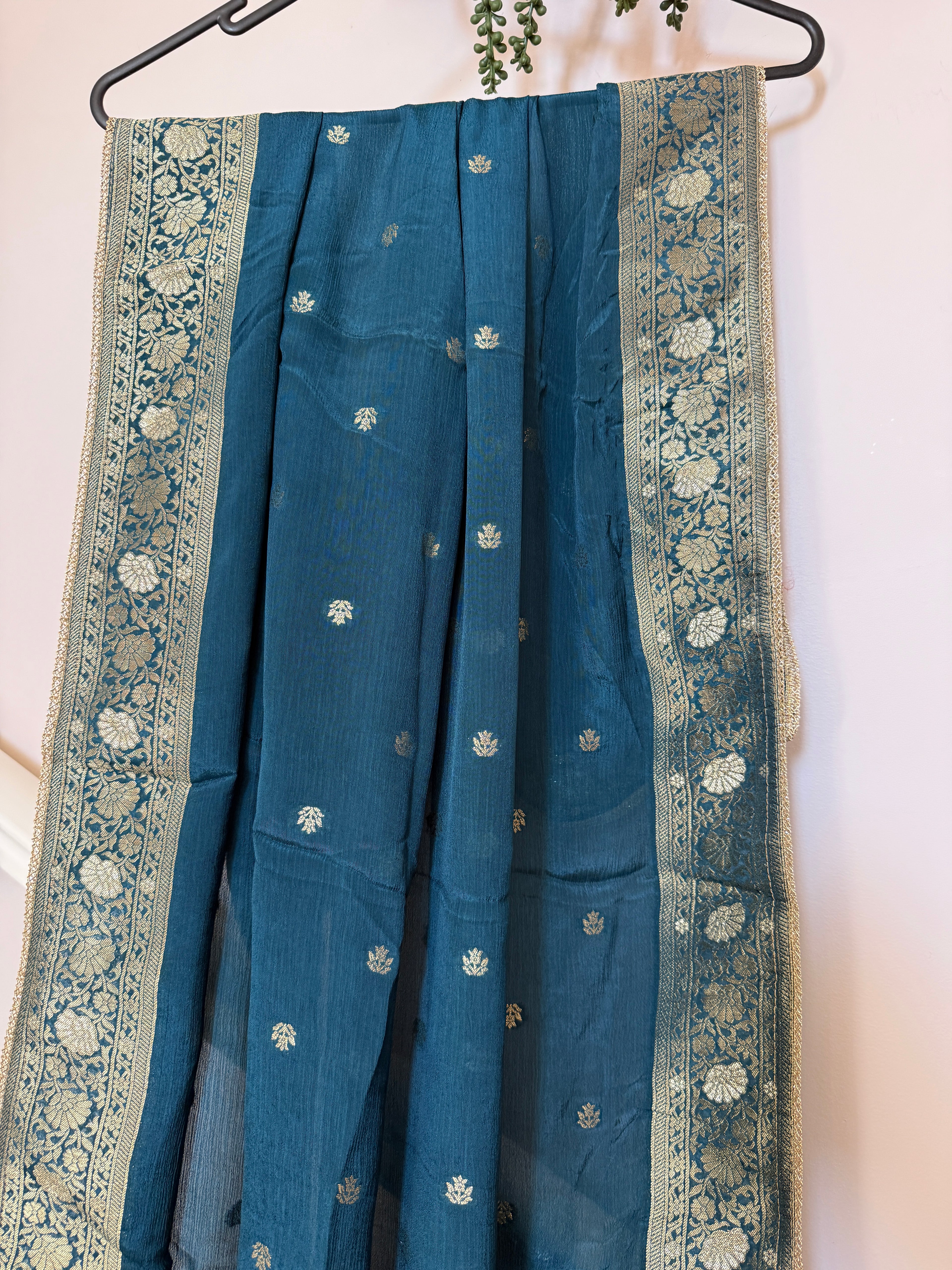 Pure Banarasi Silk Dupatta – Teal Blue with Gold Zari Border & Paisley Pallu