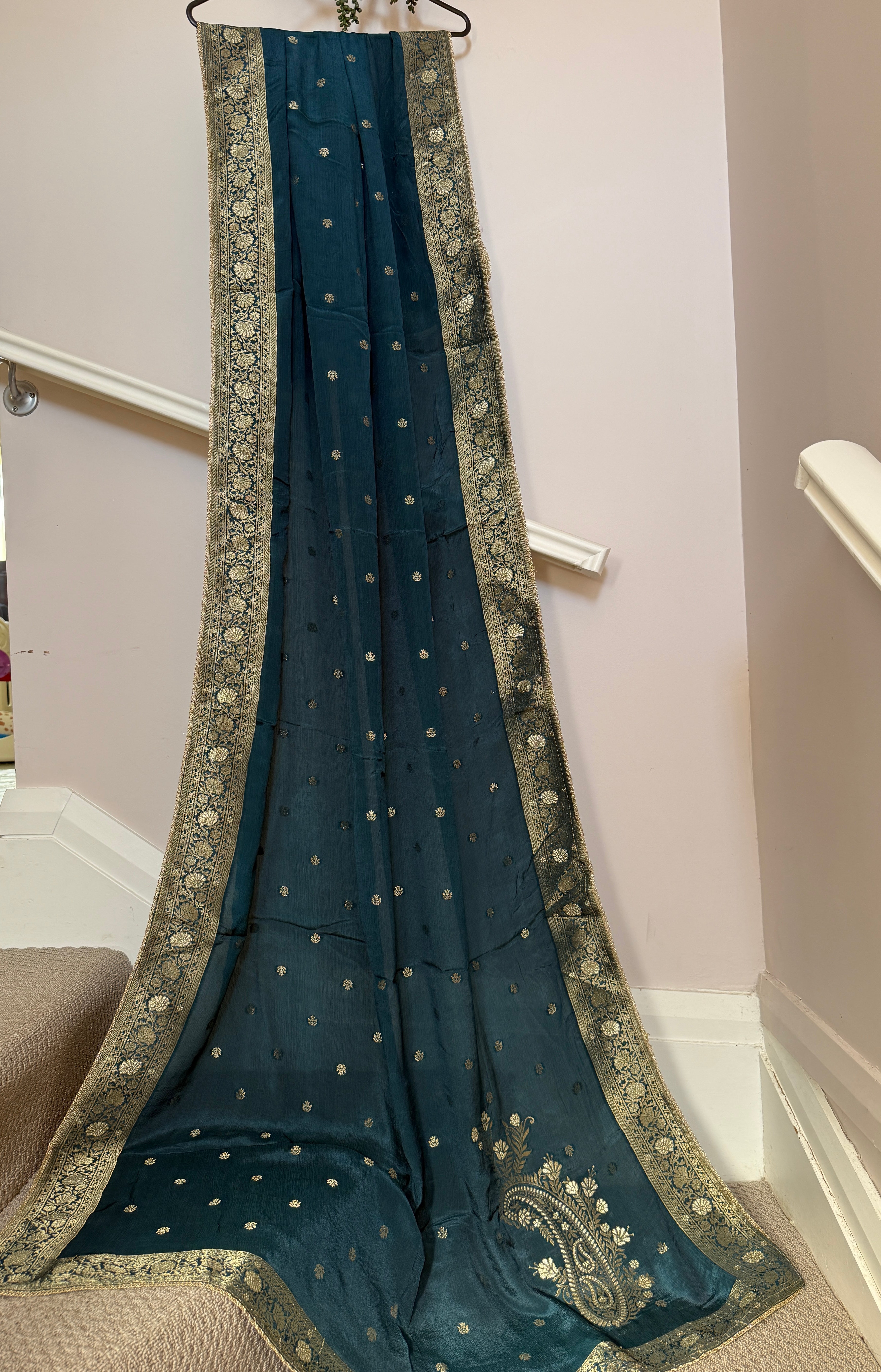 Pure Banarasi Silk Dupatta – Teal Blue with Gold Zari Border & Paisley Pallu