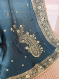 Pure Banarasi Silk Dupatta – Teal Blue with Gold Zari Border & Paisley Pallu