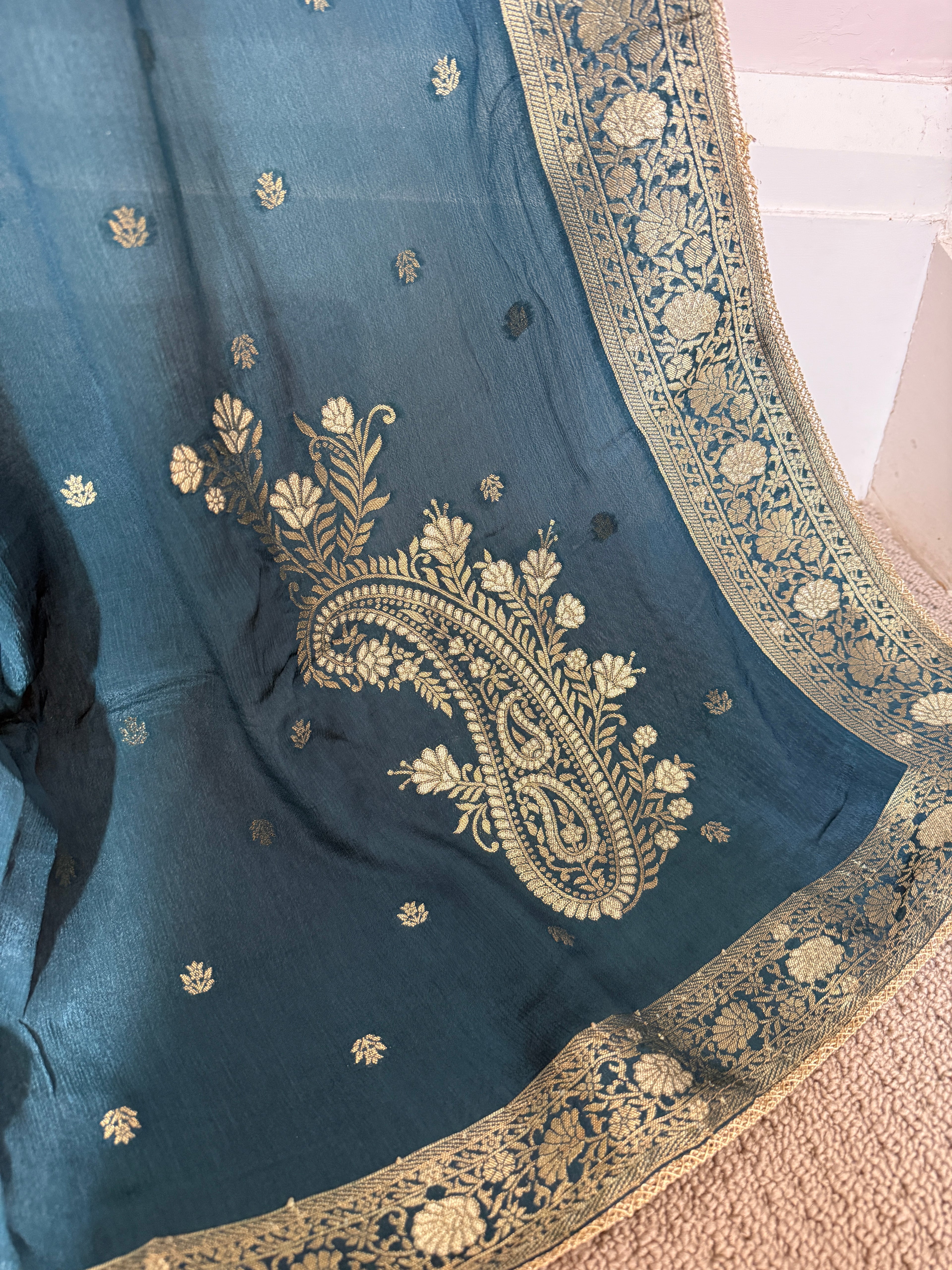 Pure Banarasi Silk Dupatta – Teal Blue with Gold Zari Border & Paisley Pallu