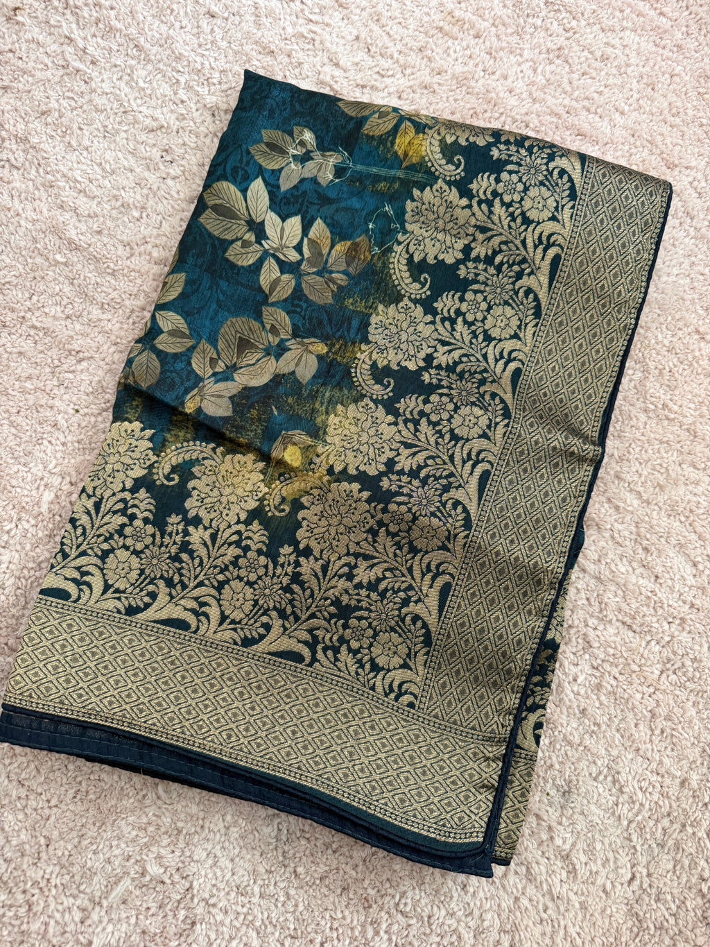 Pure Banarasi Silk Dupatta – Teal Blue Digital Floral Print with Gold Zari Border