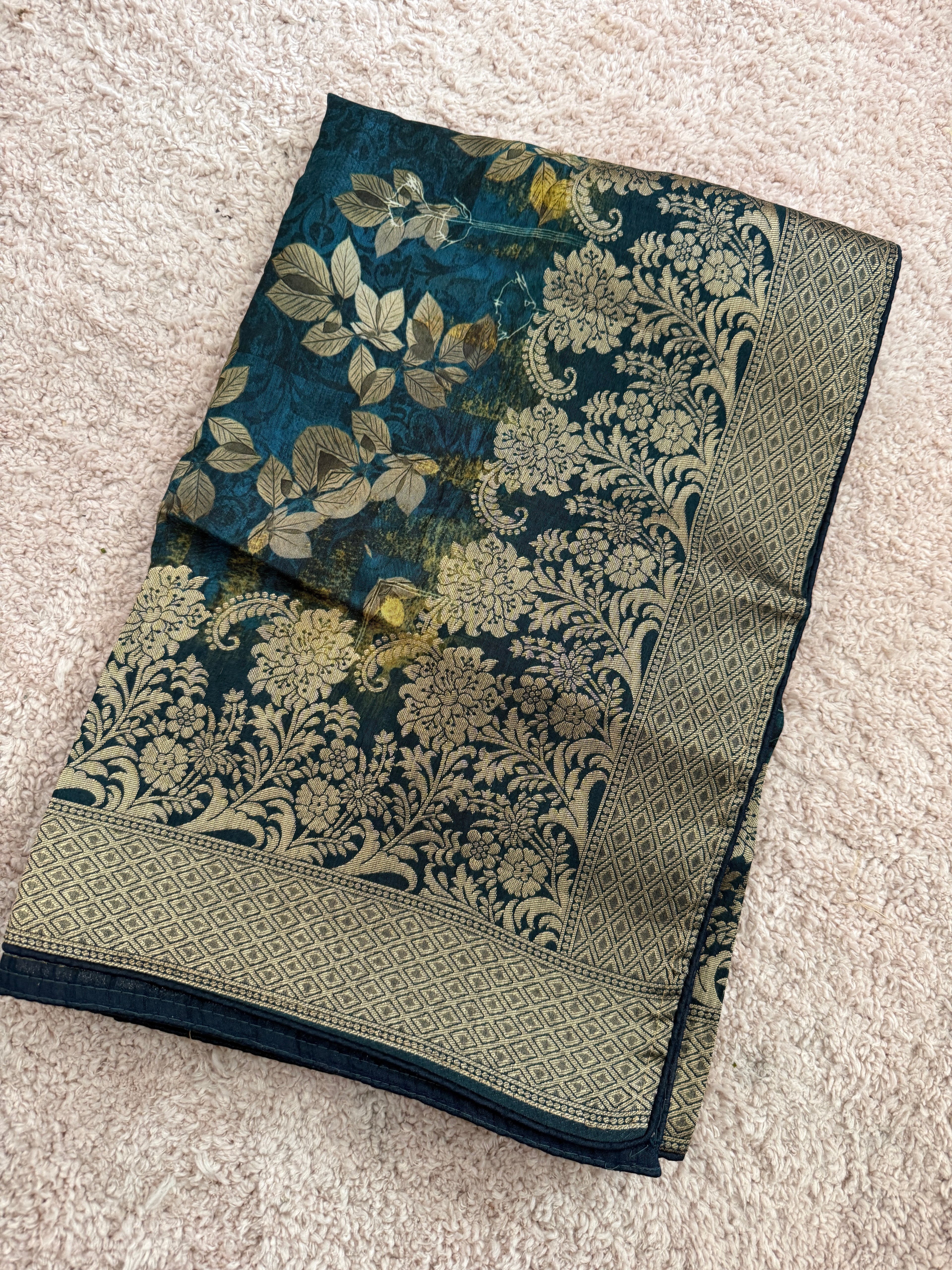Pure Banarasi Silk Dupatta – Teal Blue Digital Floral Print with Gold Zari Border