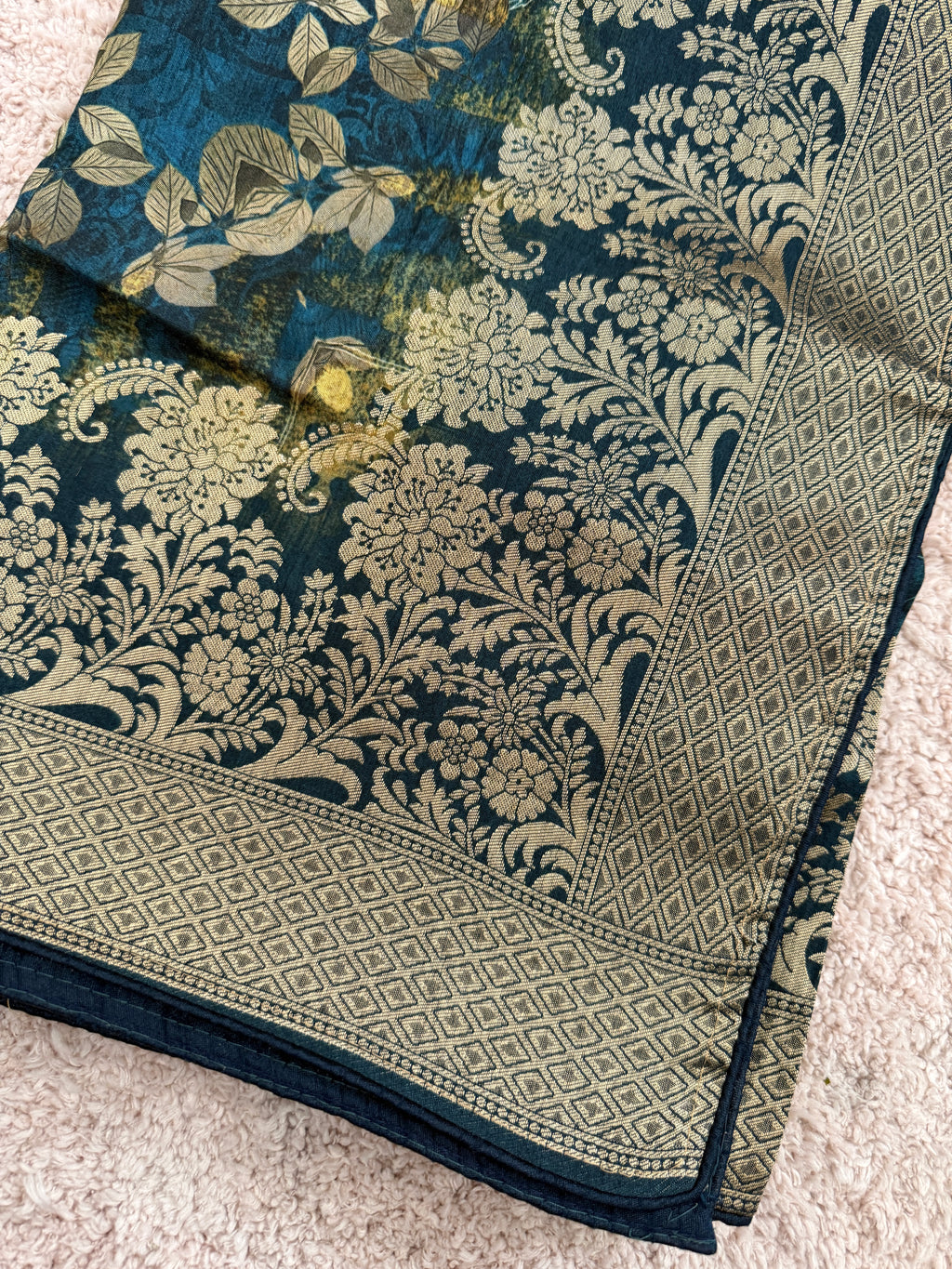 Pure Banarasi Silk Dupatta – Teal Blue Digital Floral Print with Gold Zari Border
