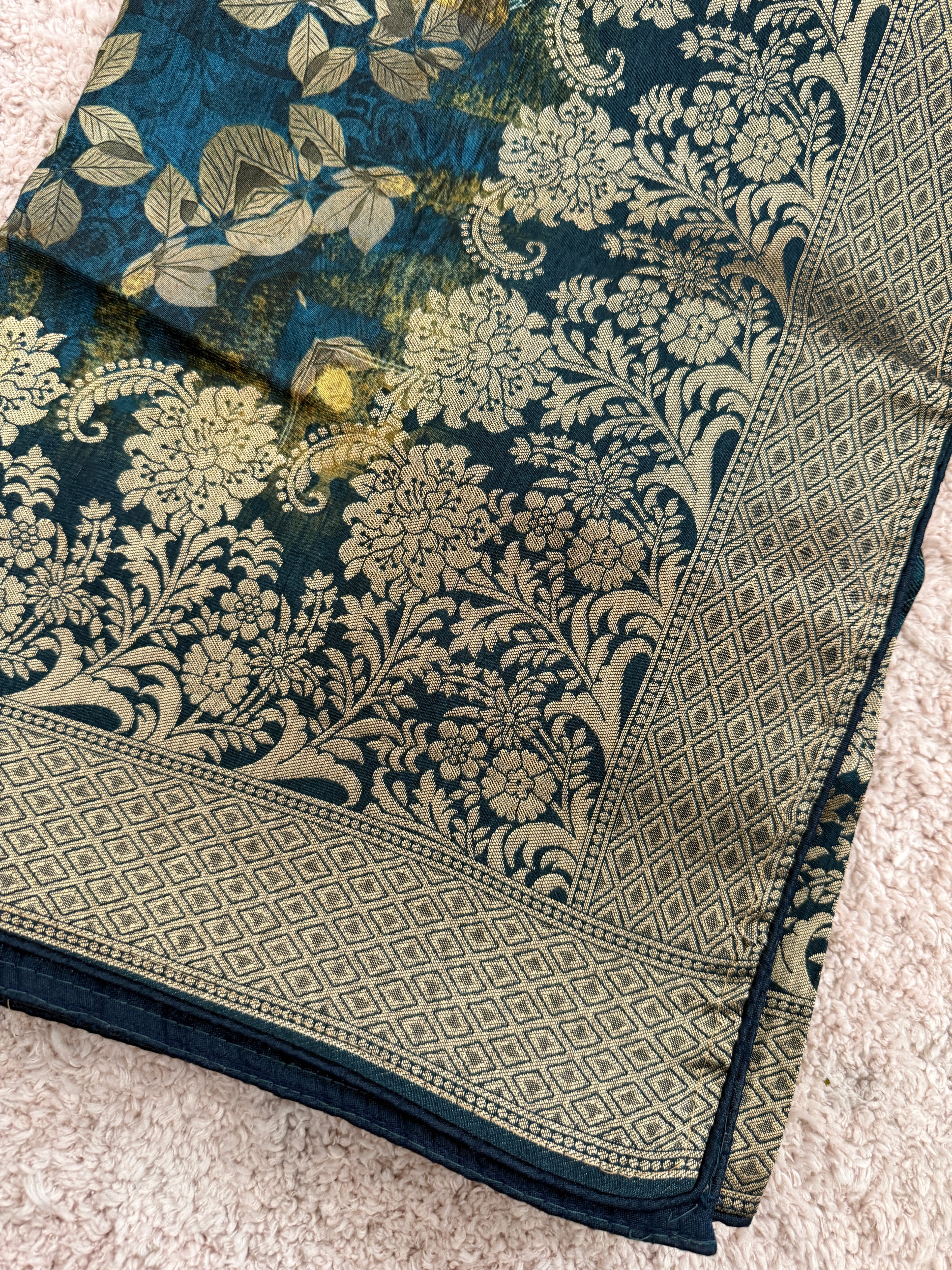 Pure Banarasi Silk Dupatta – Teal Blue Digital Floral Print with Gold Zari Border