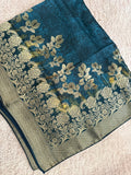 Pure Banarasi Silk Dupatta – Teal Blue Digital Floral Print with Gold Zari Border