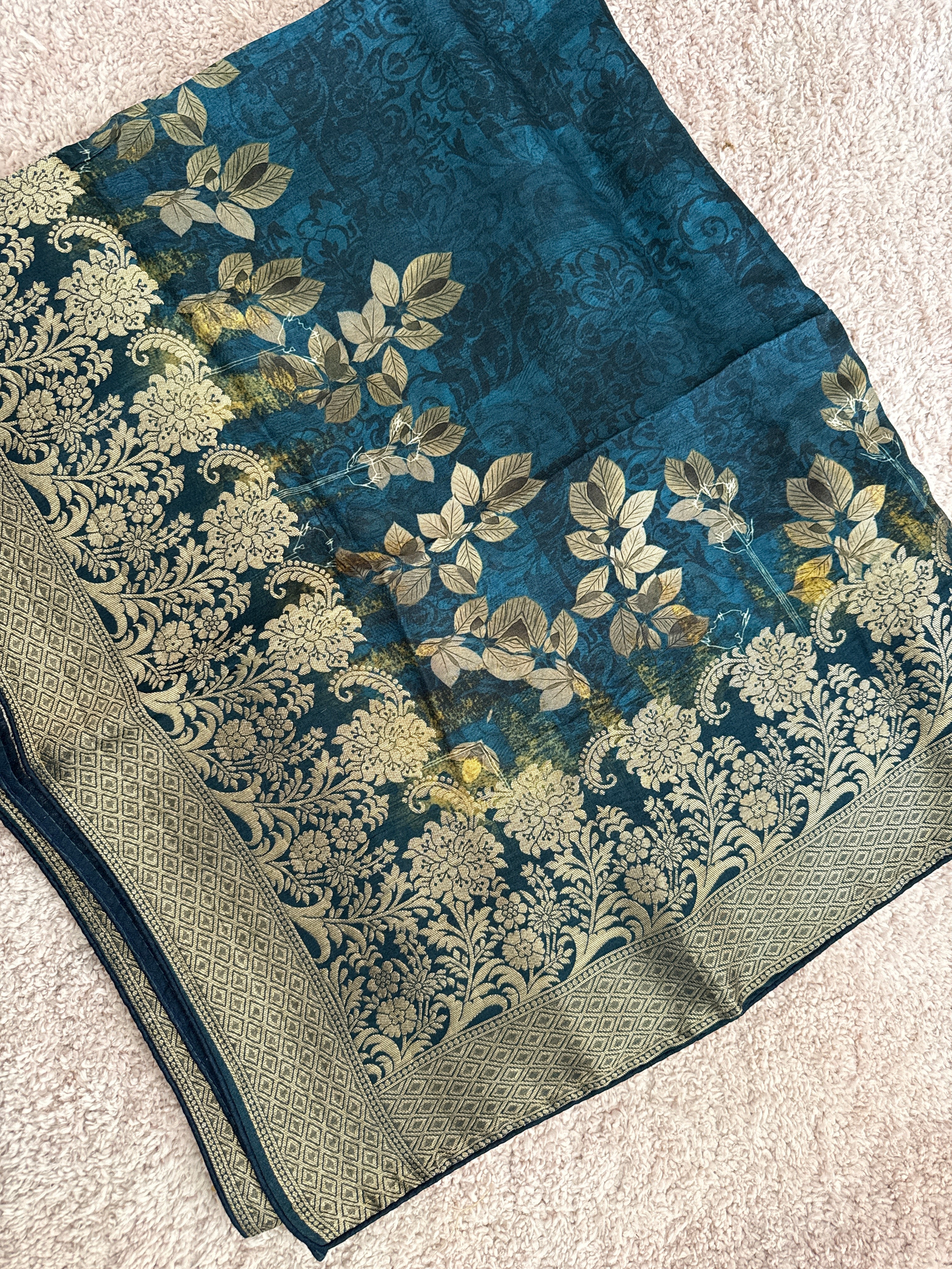 Pure Banarasi Silk Dupatta – Teal Blue Digital Floral Print with Gold Zari Border