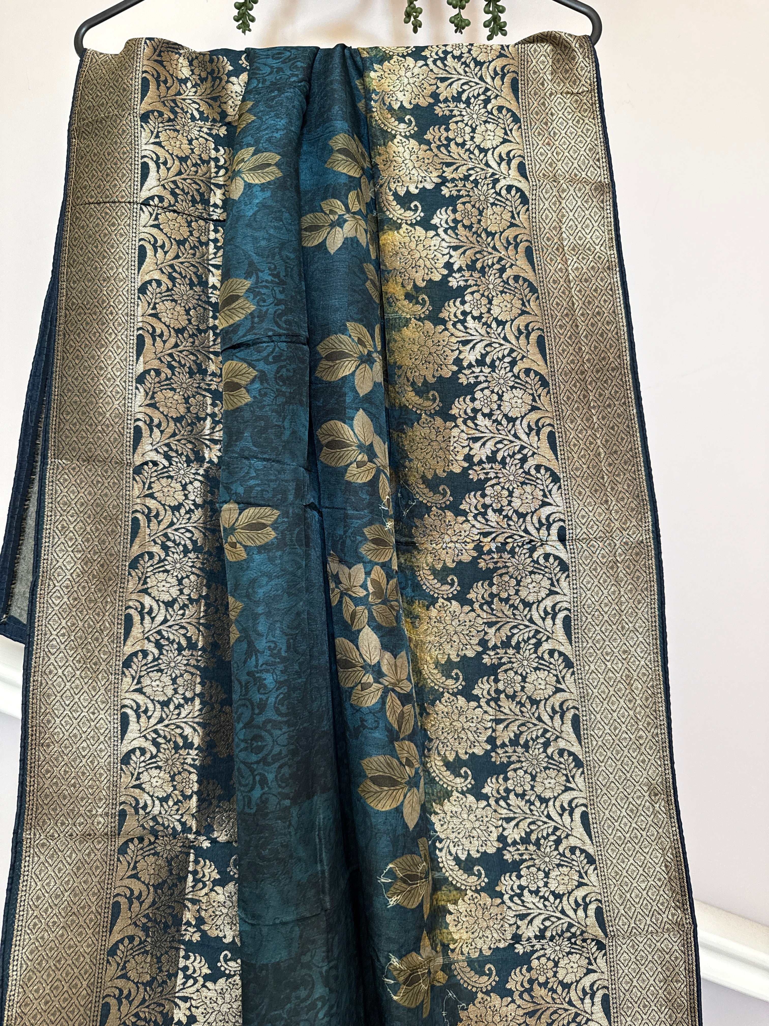 Pure Banarasi Silk Dupatta – Teal Blue Digital Floral Print with Gold Zari Border