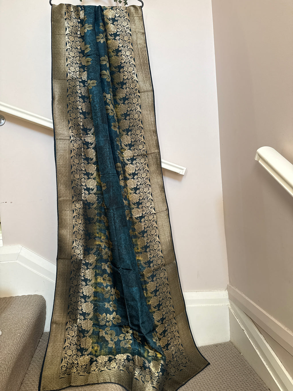 Pure Banarasi Silk Dupatta – Teal Blue Digital Floral Print with Gold Zari Border