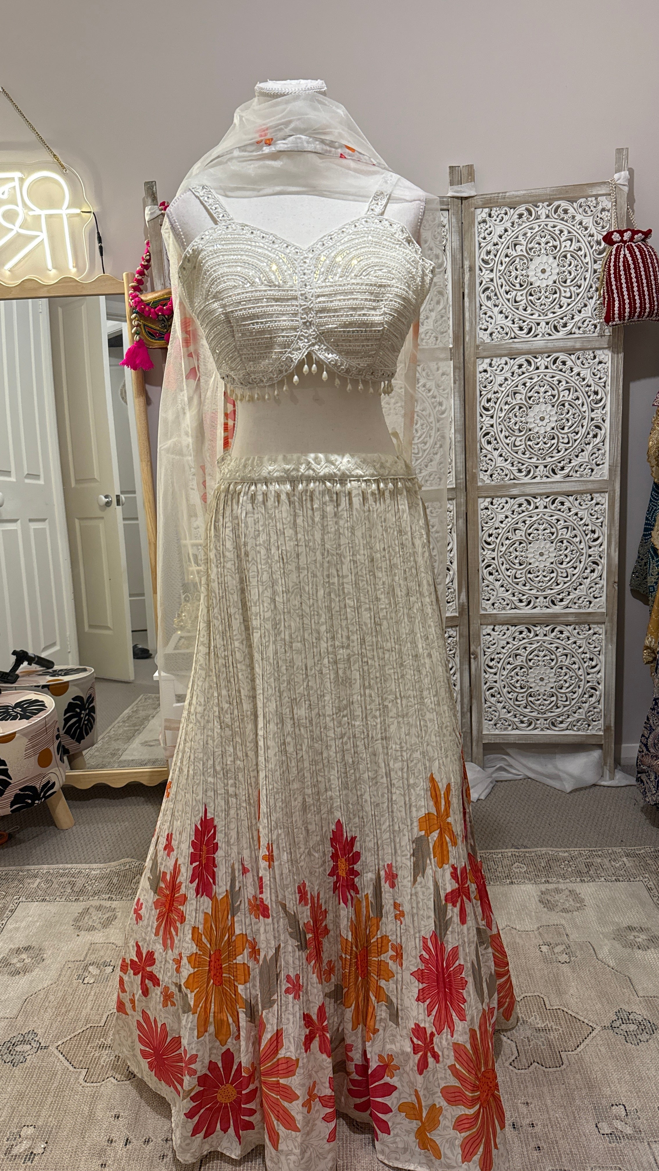 Ivory white floral lehenga