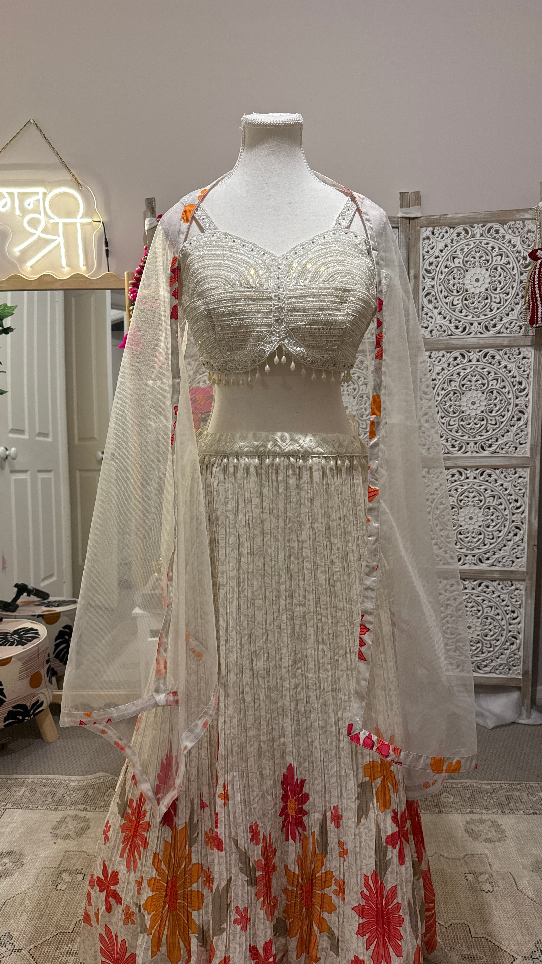 Ivory white floral lehenga