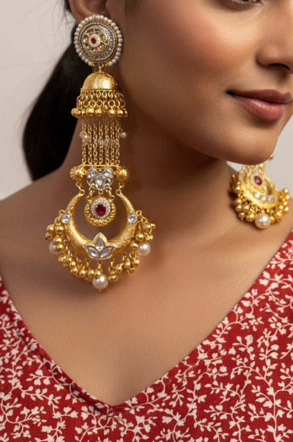 Maharani Jhumka — Gold Kundan Pearl Chandbali Earrings