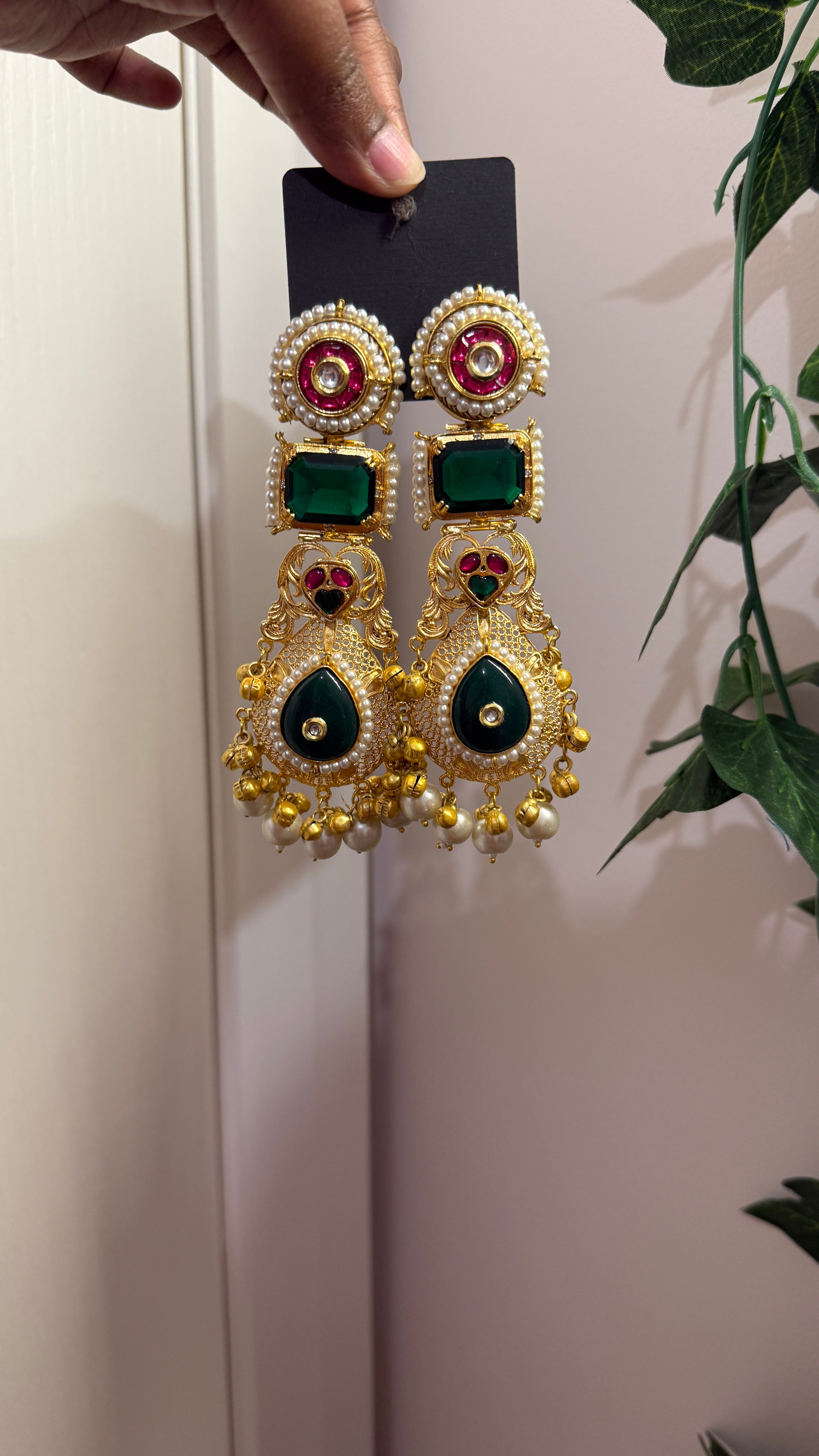 Navratna Shaan — Gold Emerald Ruby Pearl Drop Earrings
