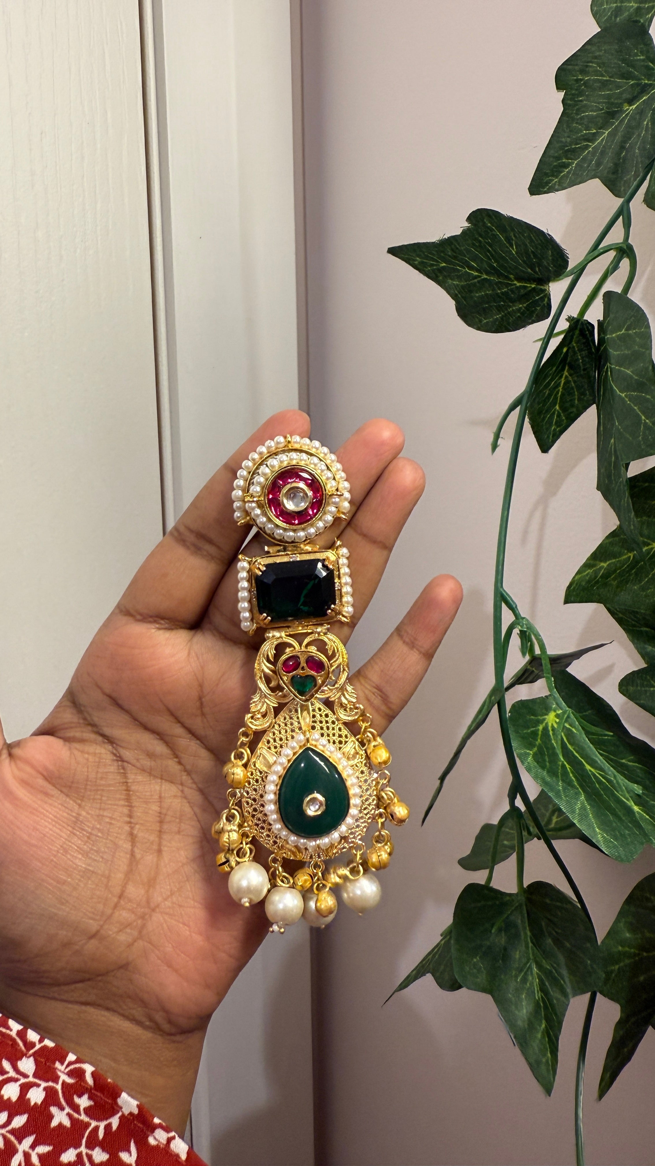 Navratna Shaan — Gold Emerald Ruby Pearl Drop Earrings