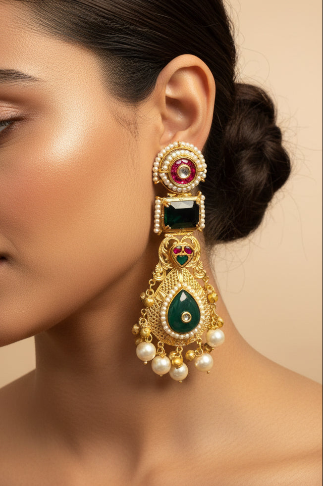 Navratna Shaan — Gold Emerald Ruby Pearl Drop Earrings