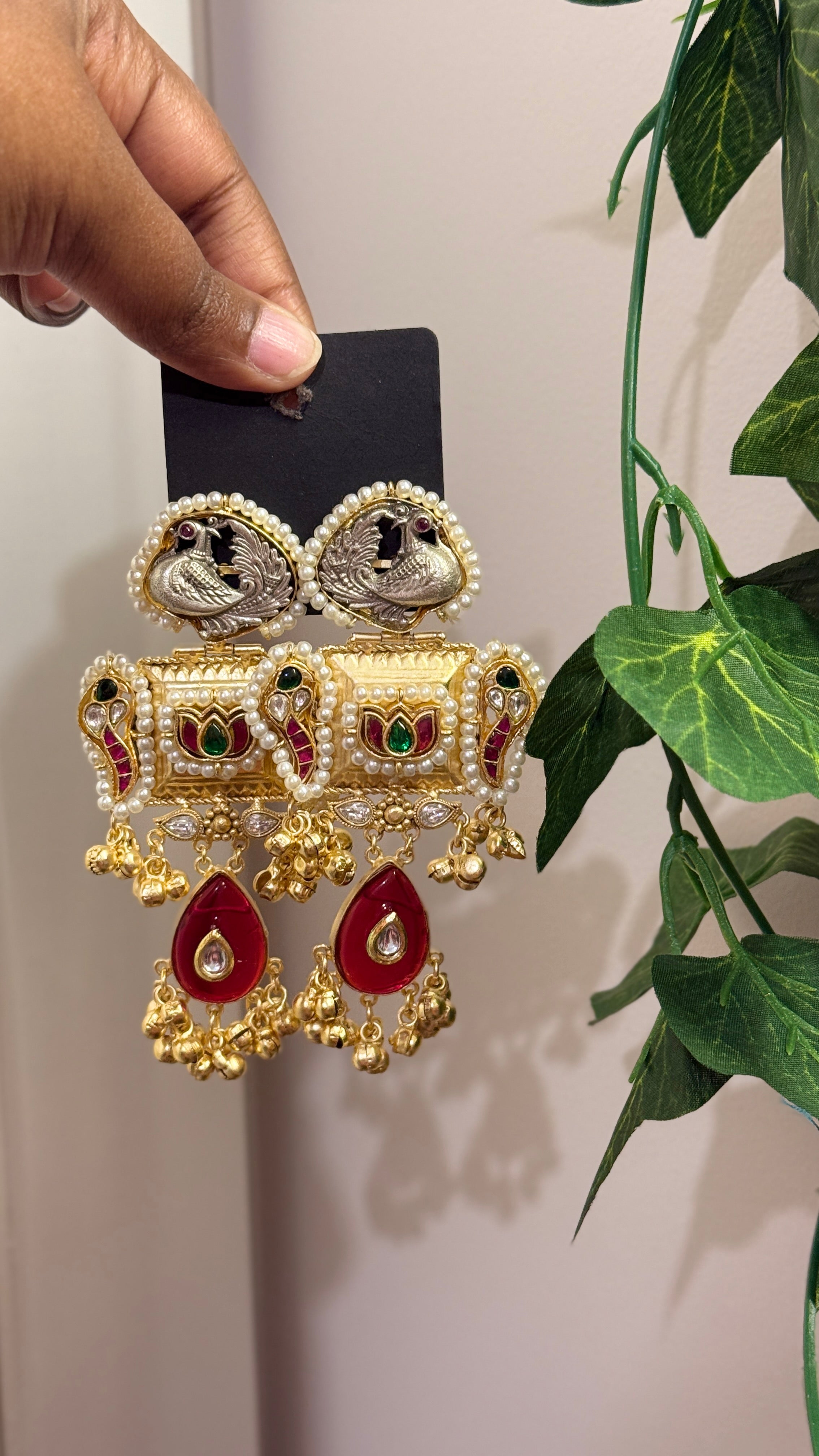 Mor Shahi — Gold Peacock Kundan Pearl Drop Earrings